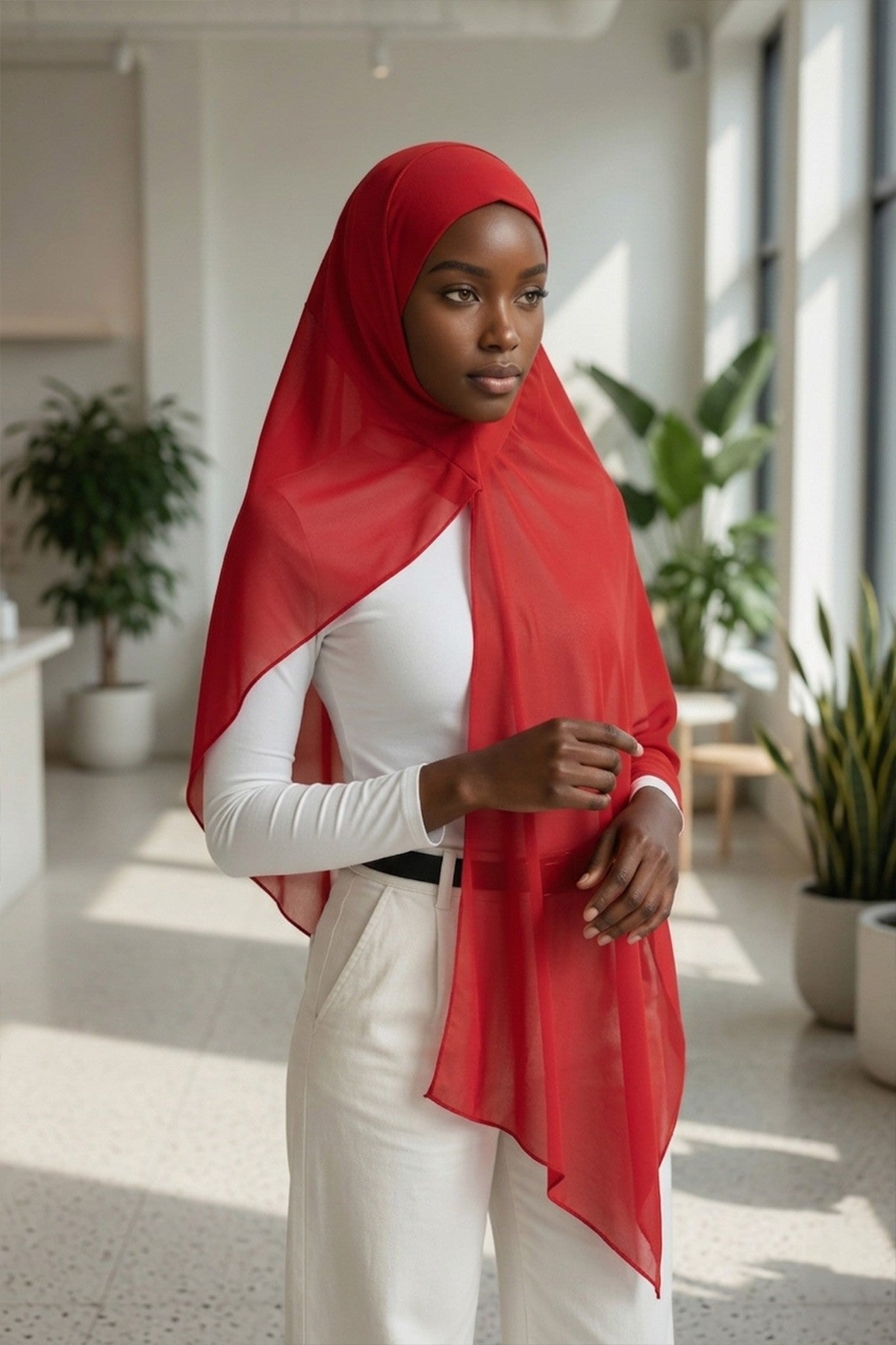 Non-Slip Chiffon Shawl Hijab with Built-In Cotton Undercap, Easy Styling Ready-to-Wear Hijab,PS-62 Red