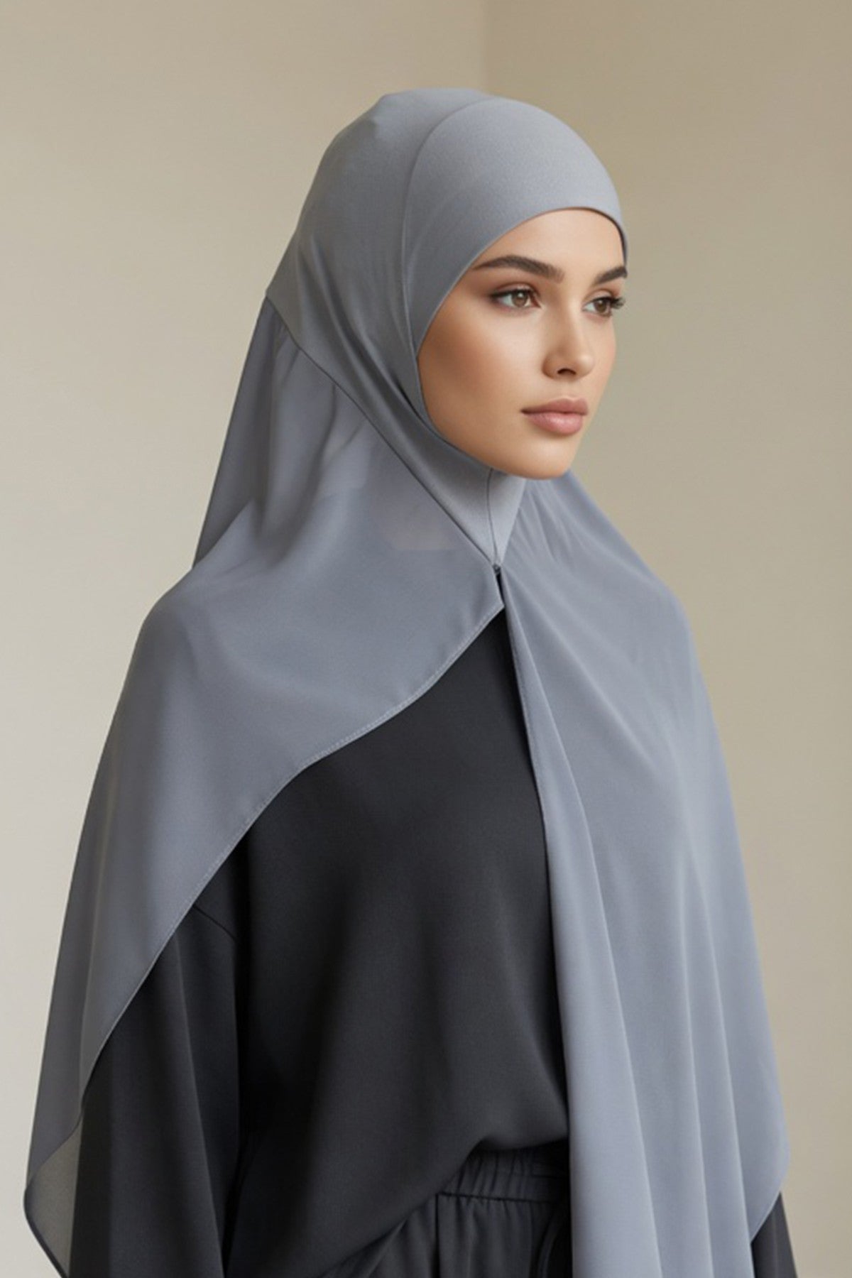 Non-Slip Chiffon Shawl Hijab with Built-In Cotton Undercap, Easy Styling Ready-to-Wear Hijab,PS-62 Grey