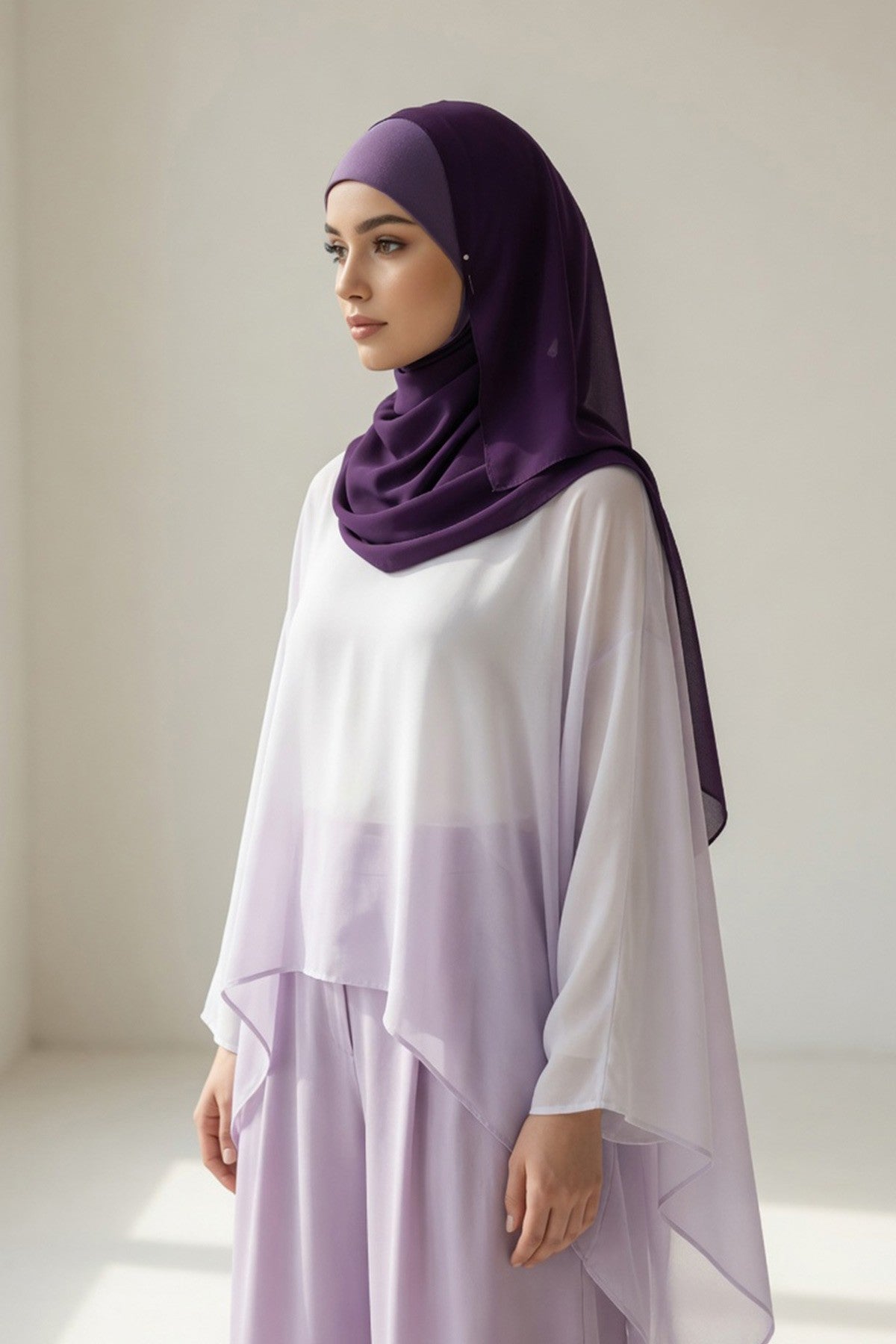 Non-Slip Chiffon Shawl Hijab with Built-In Cotton Undercap, Easy Styling Ready-to-Wear Hijab,PS-62 Purple