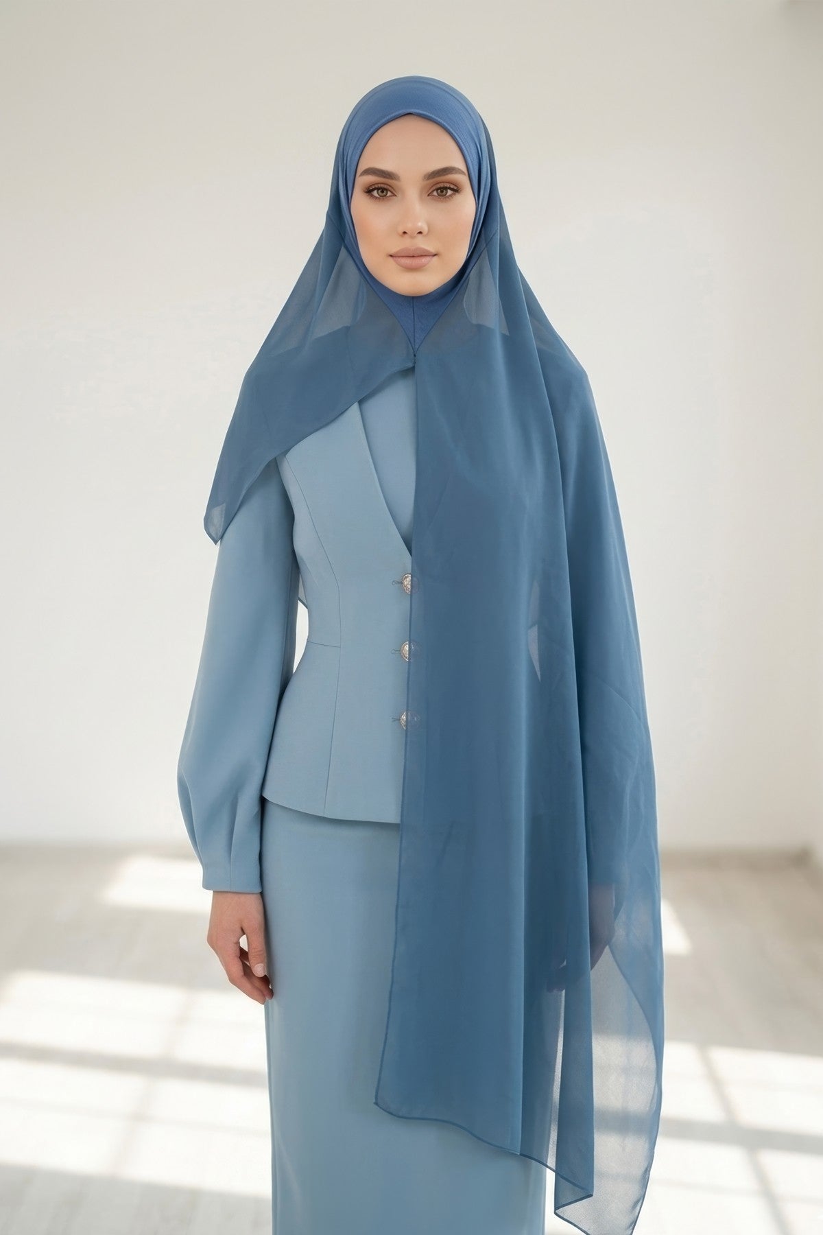 Non-Slip Chiffon Shawl Hijab with Built-In Cotton Undercap, Easy Styling Ready-to-Wear Hijab,PS-62 İndigo