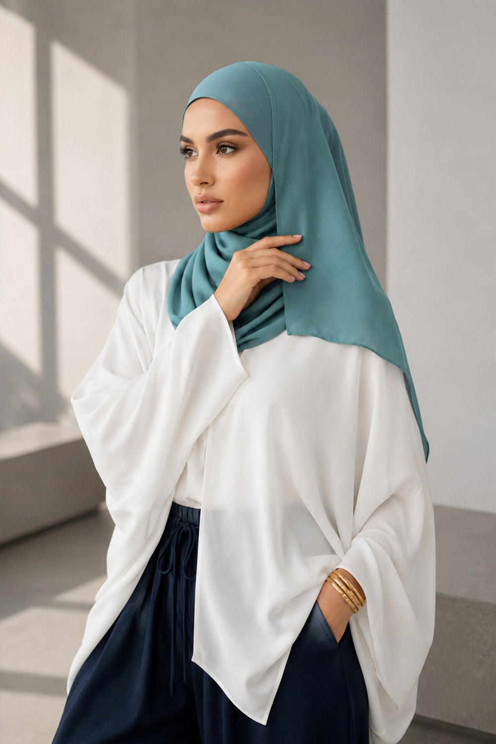 Non-Slip Chiffon Shawl Hijab with Built-In Cotton Undercap, Easy Styling Ready-to-Wear Hijab,PS-62 Dark Mint-Almond Green