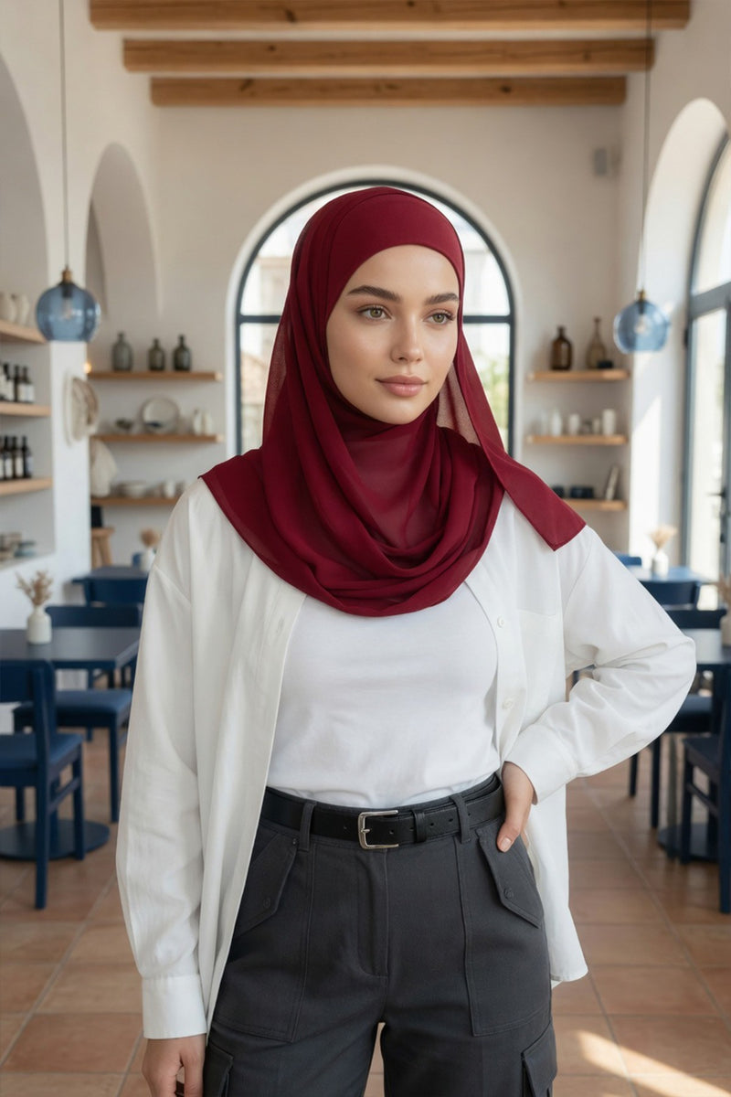 Non-Slip Chiffon Shawl Hijab with Built-In Cotton Undercap, Easy Styling Ready-to-Wear Hijab,PS-62