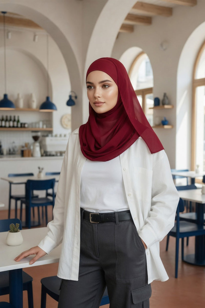 Non-Slip Chiffon Shawl Hijab with Built-In Cotton Undercap, Easy Styling Ready-to-Wear Hijab,PS-62