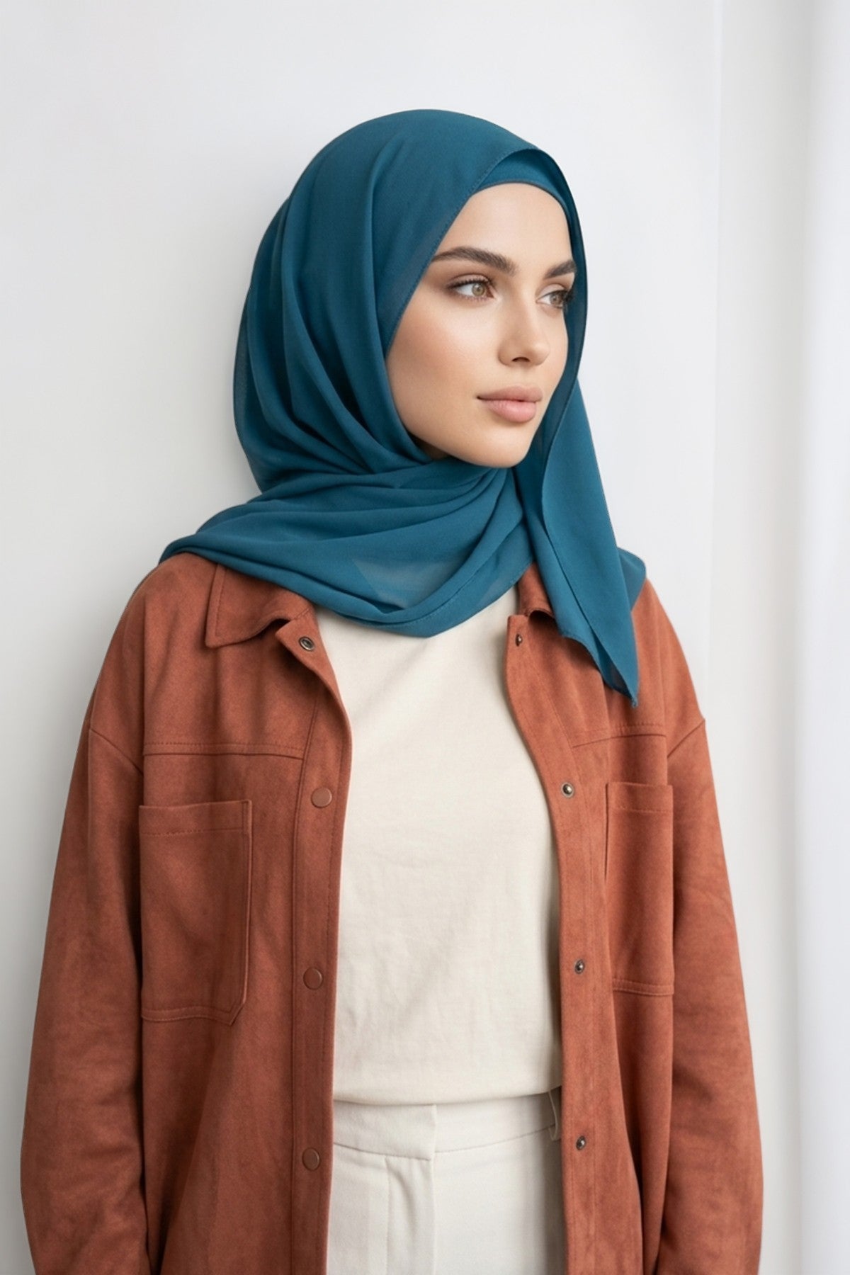 Non-Slip Chiffon Shawl Hijab with Built-In Cotton Undercap, Easy Styling Ready-to-Wear Hijab,PS-62 Petrol
