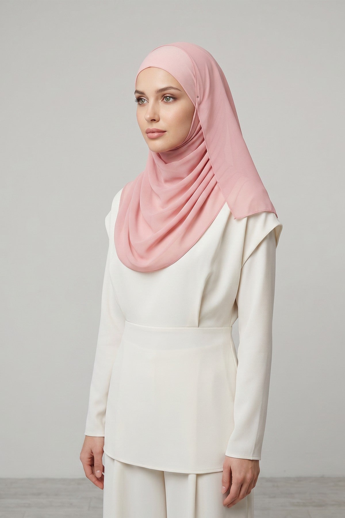 Non-Slip Chiffon Shawl Hijab with Built-In Cotton Undercap, Easy Styling Ready-to-Wear Hijab,PS-62 Powder