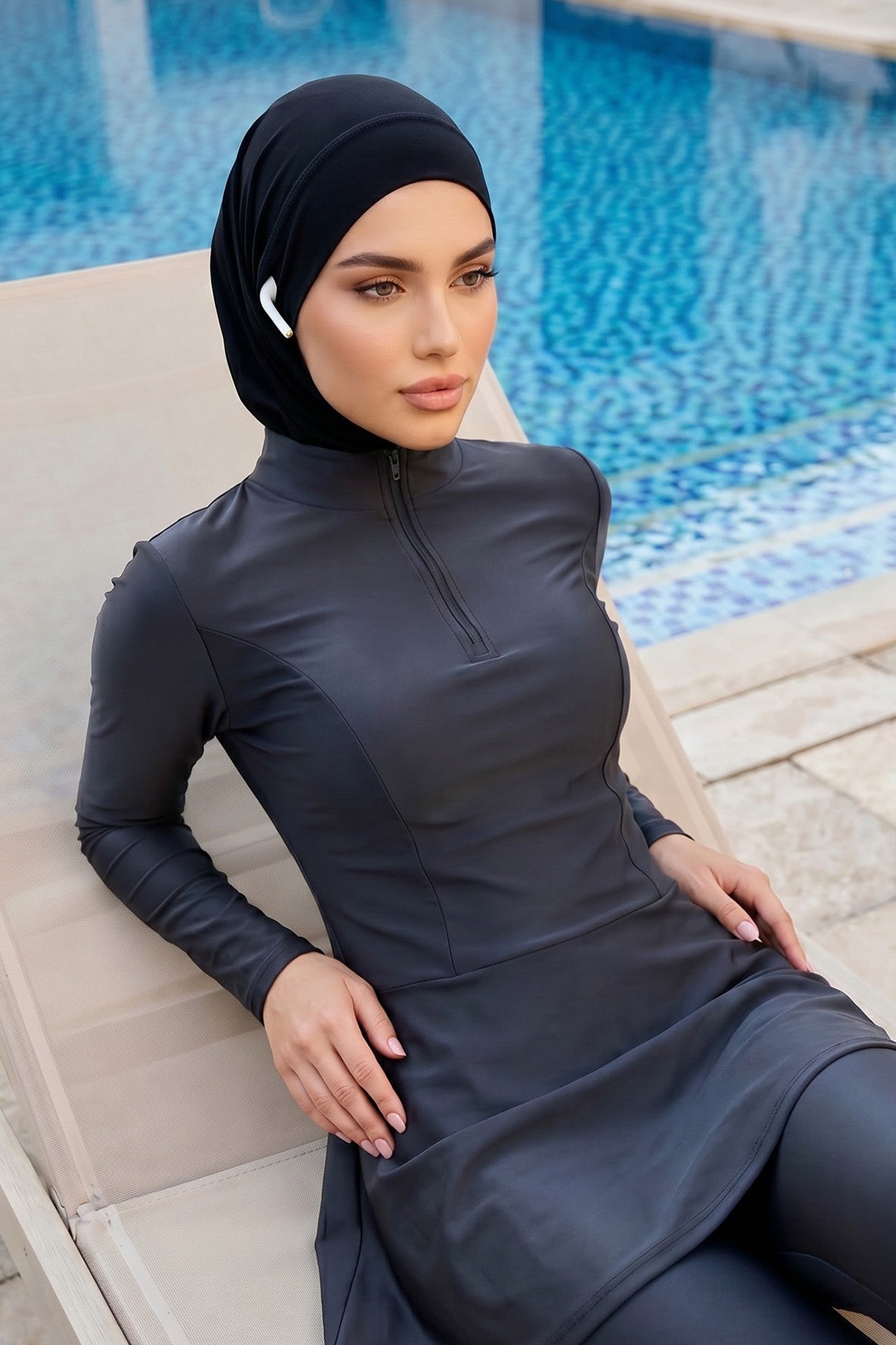 Quick-Dry Swim Bonnet with Neck Coverage & Earphone Opening | Modest Swim Cap for Beach & Pool,B-94SN Black