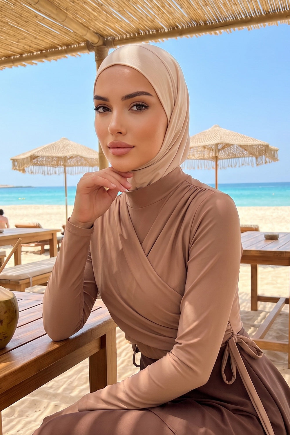 Quick-Dry Swim Bonnet with Neck Coverage & Earphone Opening | Modest Swim Cap for Beach & Pool,B-94SN Beige