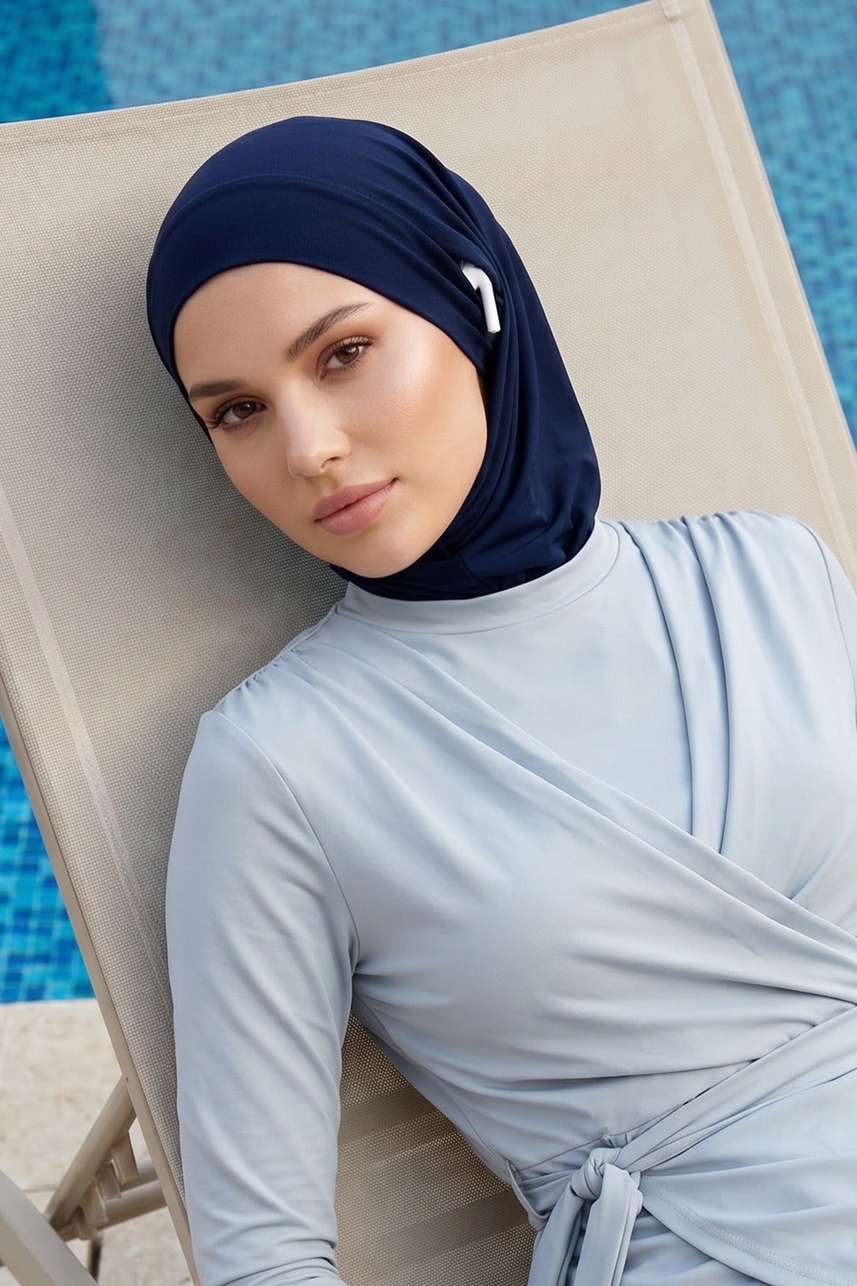 Quick-Dry Swim Bonnet with Neck Coverage & Earphone Opening | Modest Swim Cap for Beach & Pool,B-94SN Navy Blue