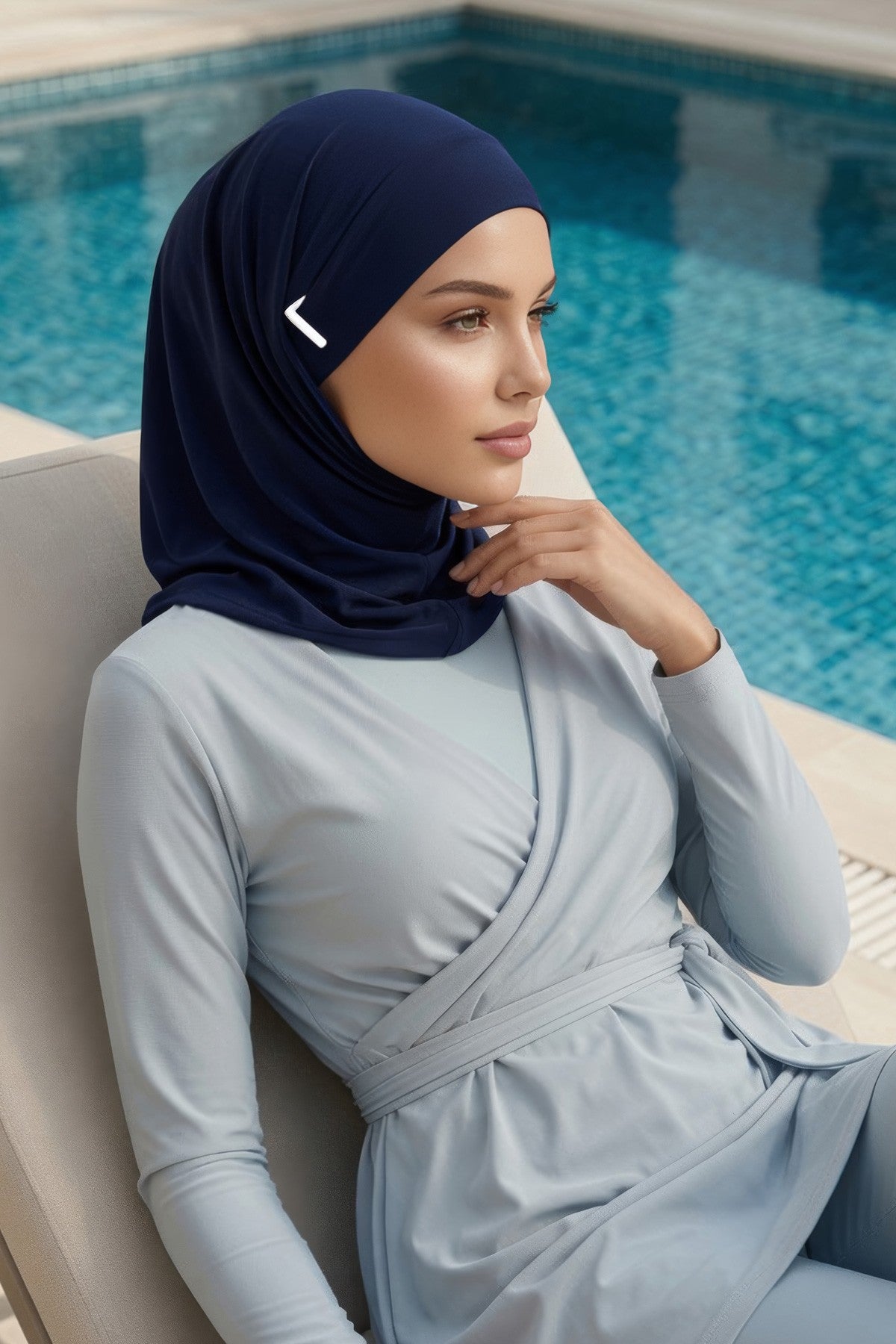 Quick-Dry Swim Bonnet with Neck Coverage & Earphone Opening | Modest Swim Cap for Beach & Pool,B-94SN Navy Blue