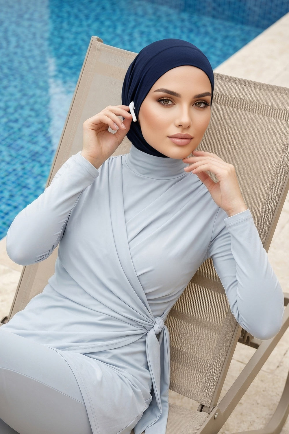 Quick-Dry Swim Bonnet with Neck Coverage & Earphone Opening | Modest Swim Cap for Beach & Pool,B-94SN Navy Blue