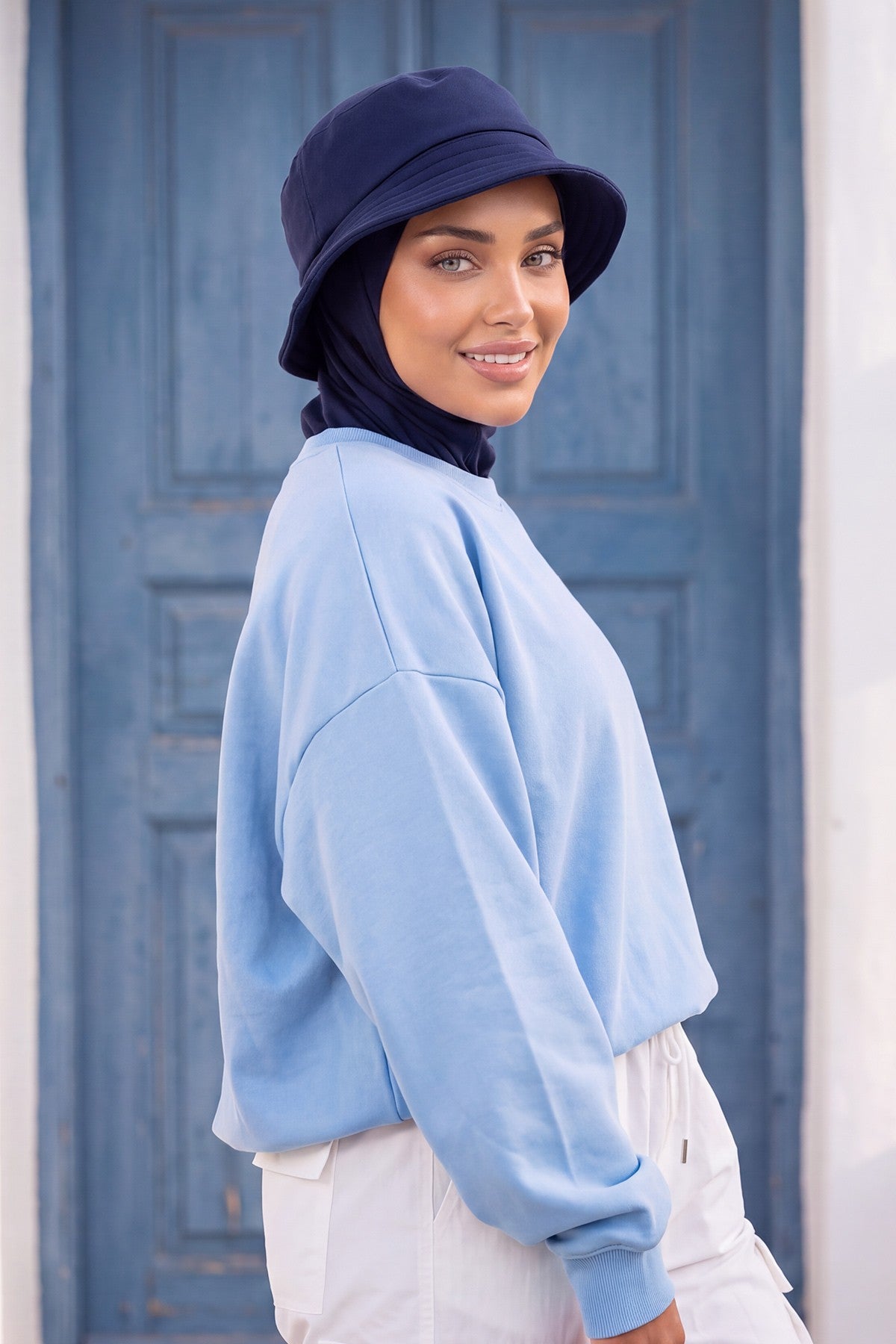 Modest Winter Bucket Hat with Attached Hijab and Neck Coverage,B-103O Navy Blue