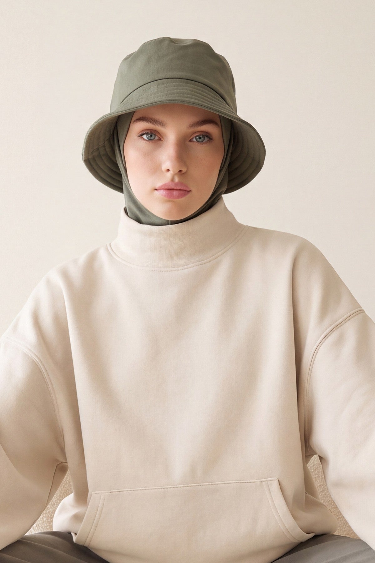 Modest Winter Bucket Hat with Attached Hijab and Neck Coverage,B-103O Army Green