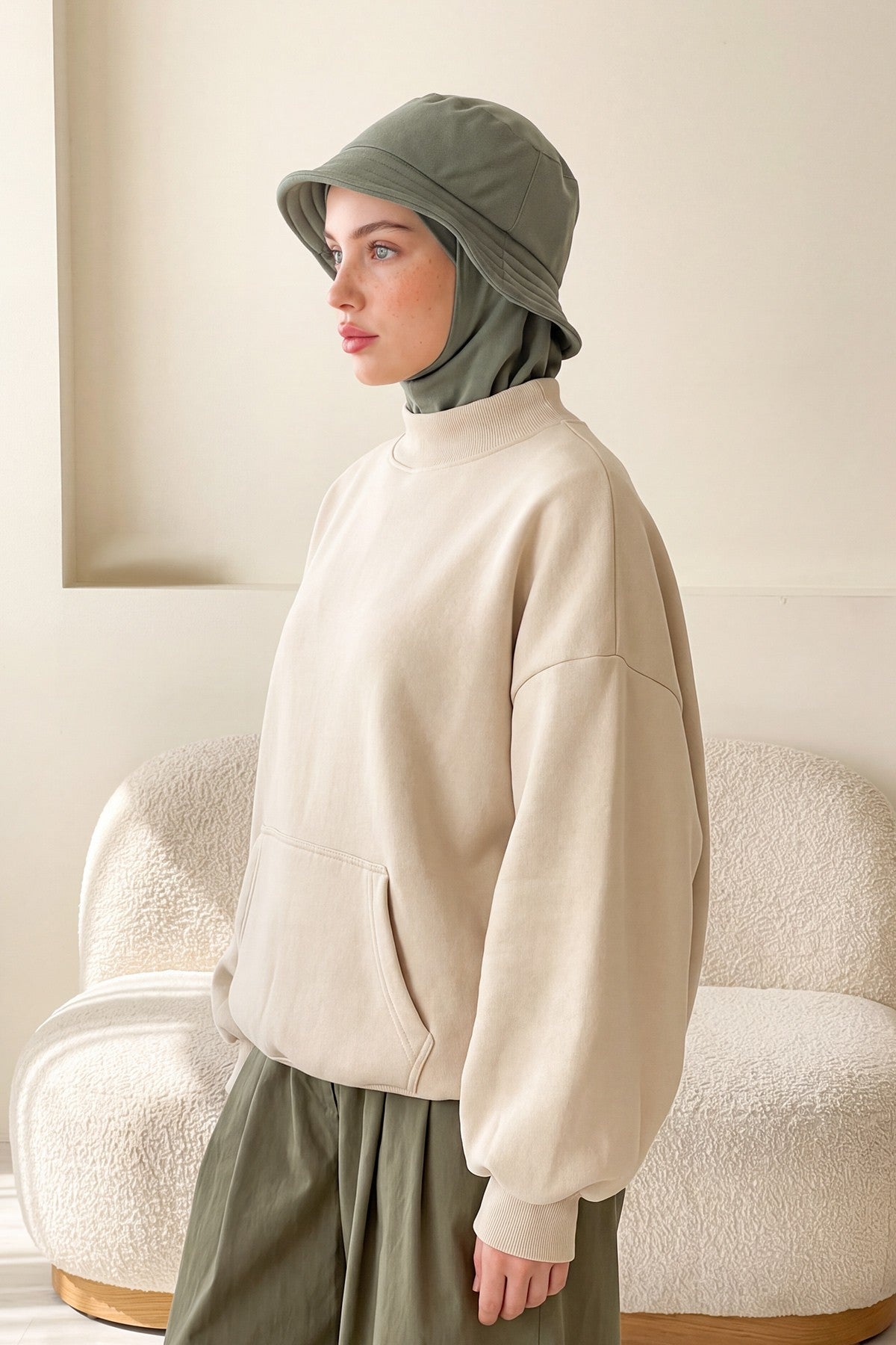 Modest Winter Bucket Hat with Attached Hijab and Neck Coverage,B-103O