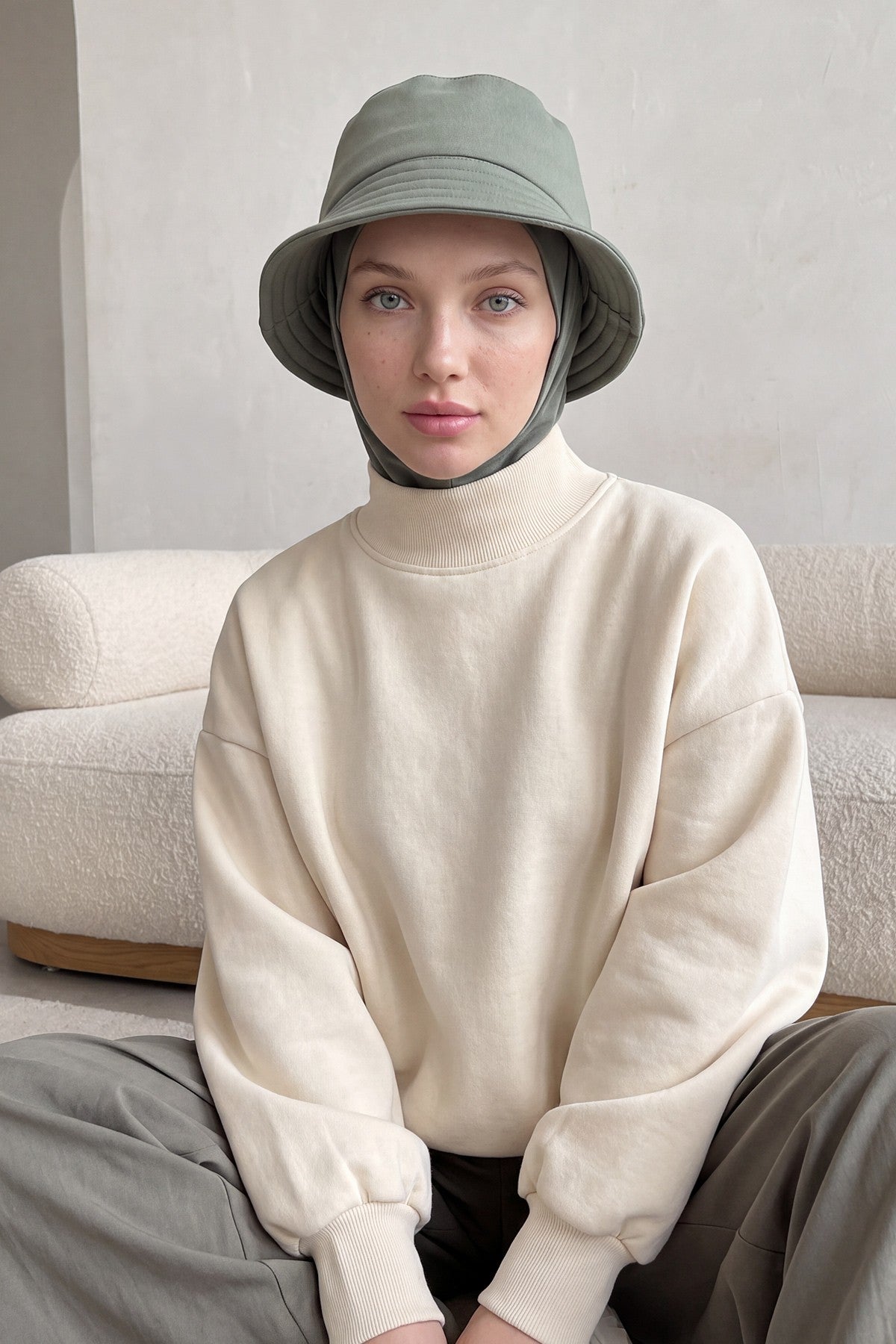 Modest Winter Bucket Hat with Attached Hijab and Neck Coverage,B-103O