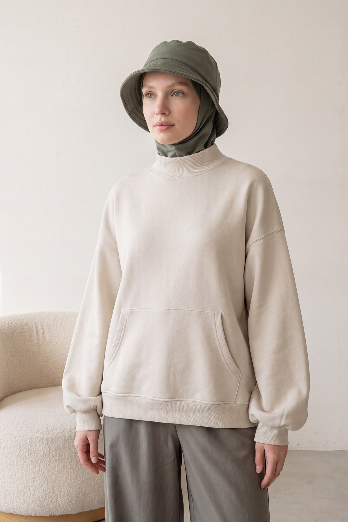 Modest Winter Bucket Hat with Attached Hijab and Neck Coverage,B-103O