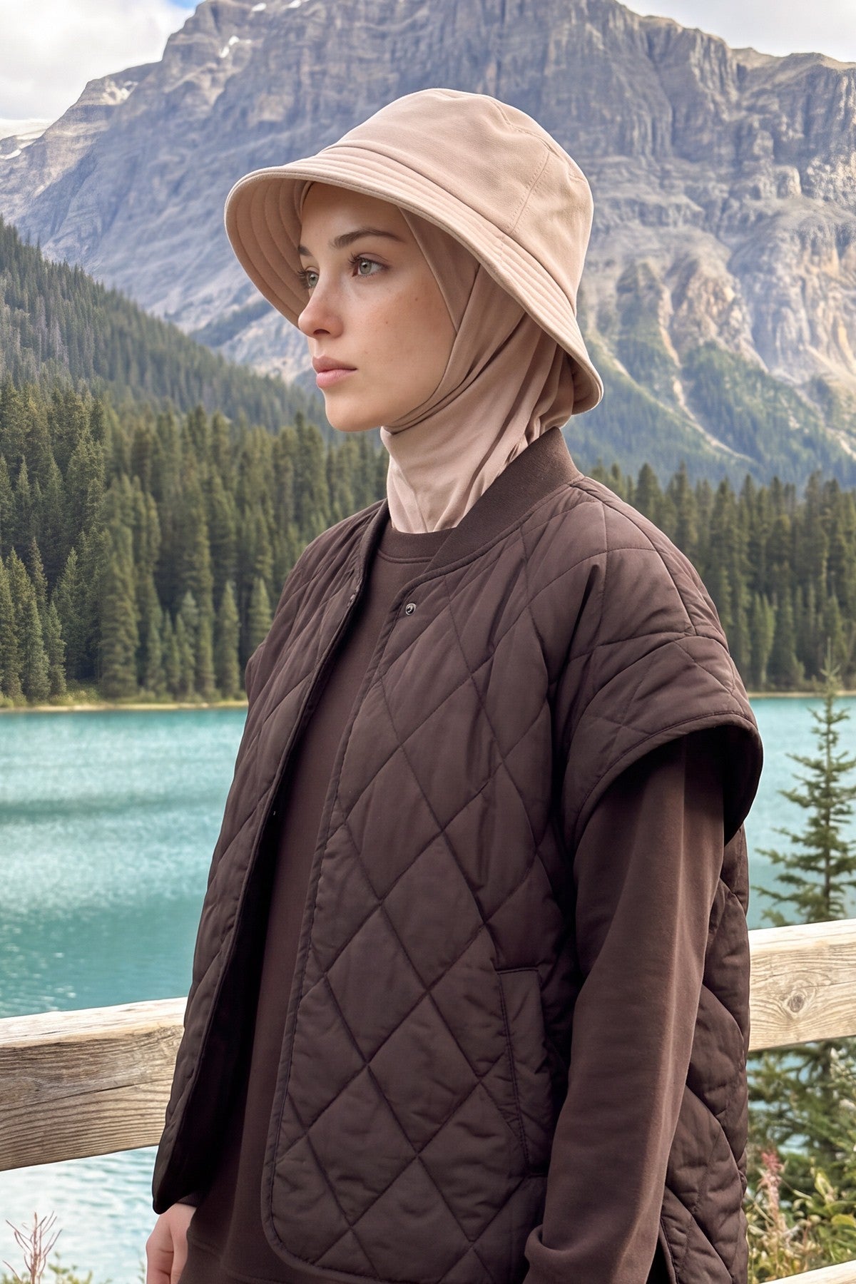 Modest Winter Bucket Hat with Attached Hijab and Neck Coverage,B-103O Beige