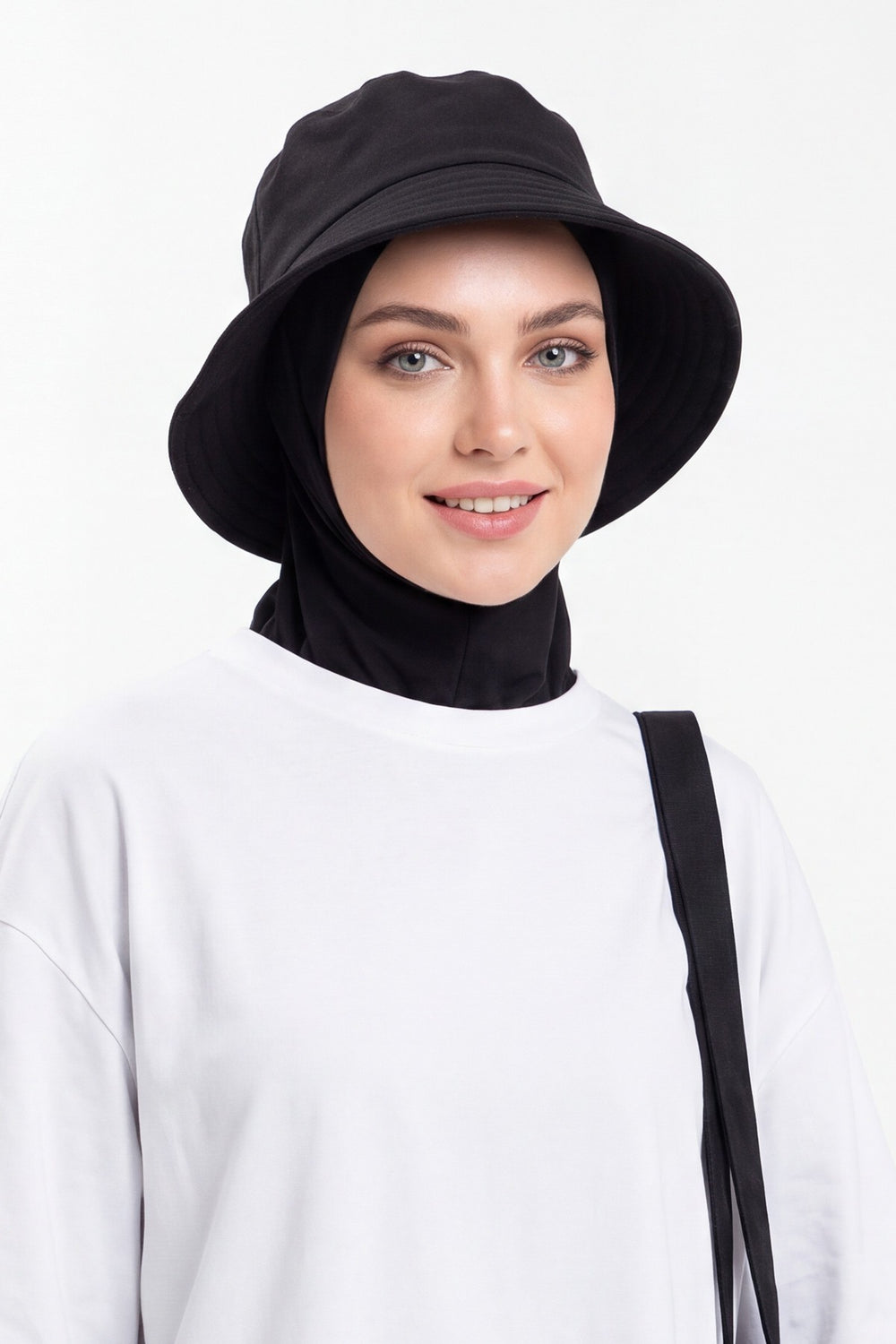 Modest Winter Bucket Hat with Attached Hijab and Neck Coverage,B-103O Black