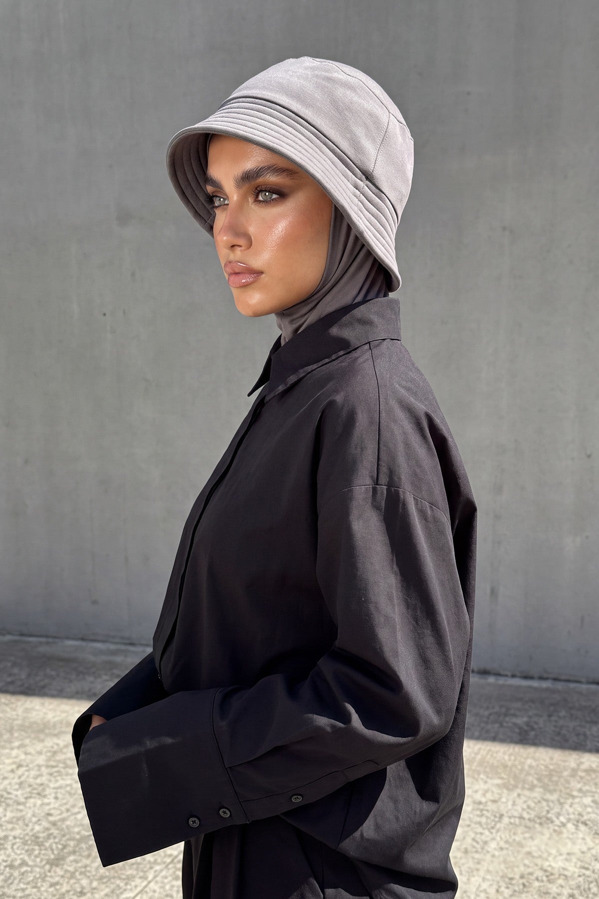 Modest Winter Bucket Hat with Attached Hijab and Neck Coverage,B-103O Anthracite