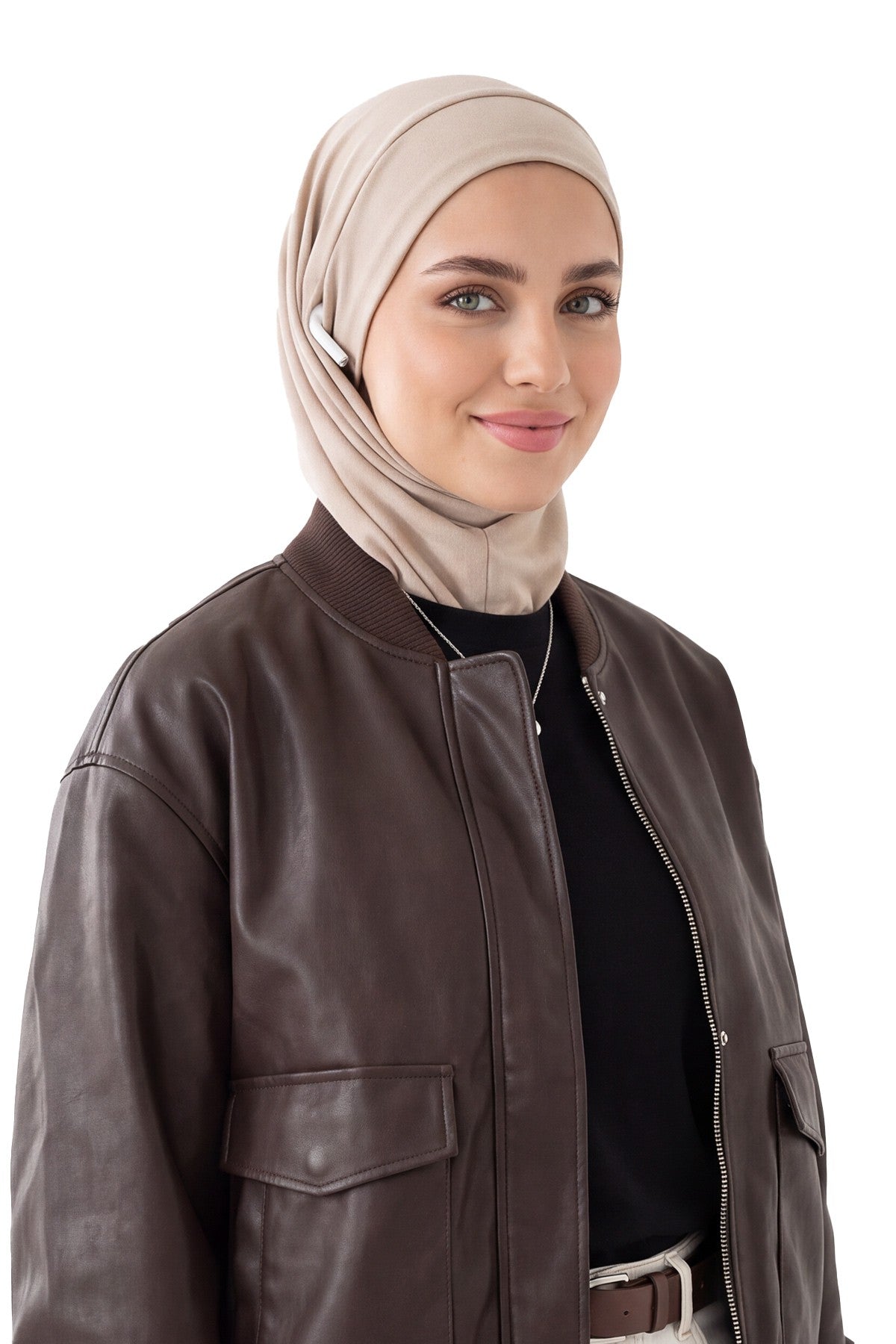 Ready-to-Wear Winter Hijab Bonnet with Built-In Neck Cover and Ear Access Points,B-94O Beige