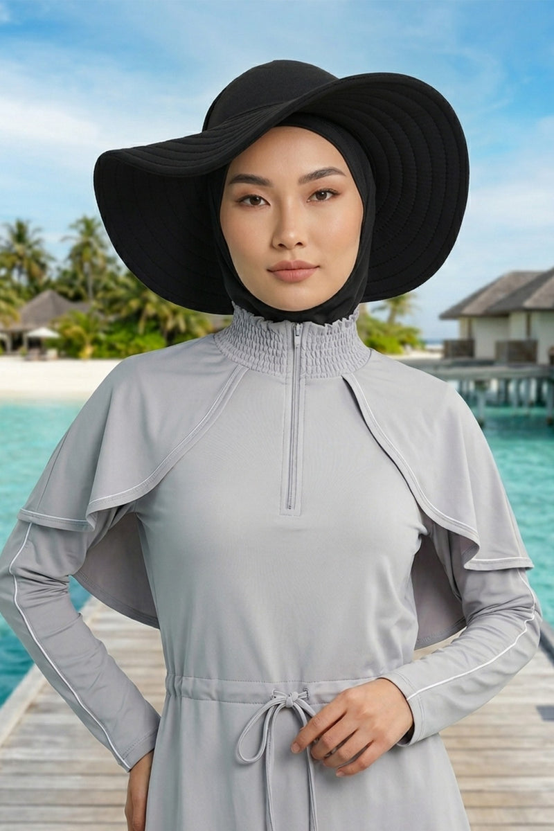2-in-1 Modest Beach Turban Ninja Bonnet with Removable Brim, Quick Dry Sandy Fabric Ninja Cap with Bow Detail,S-5SN