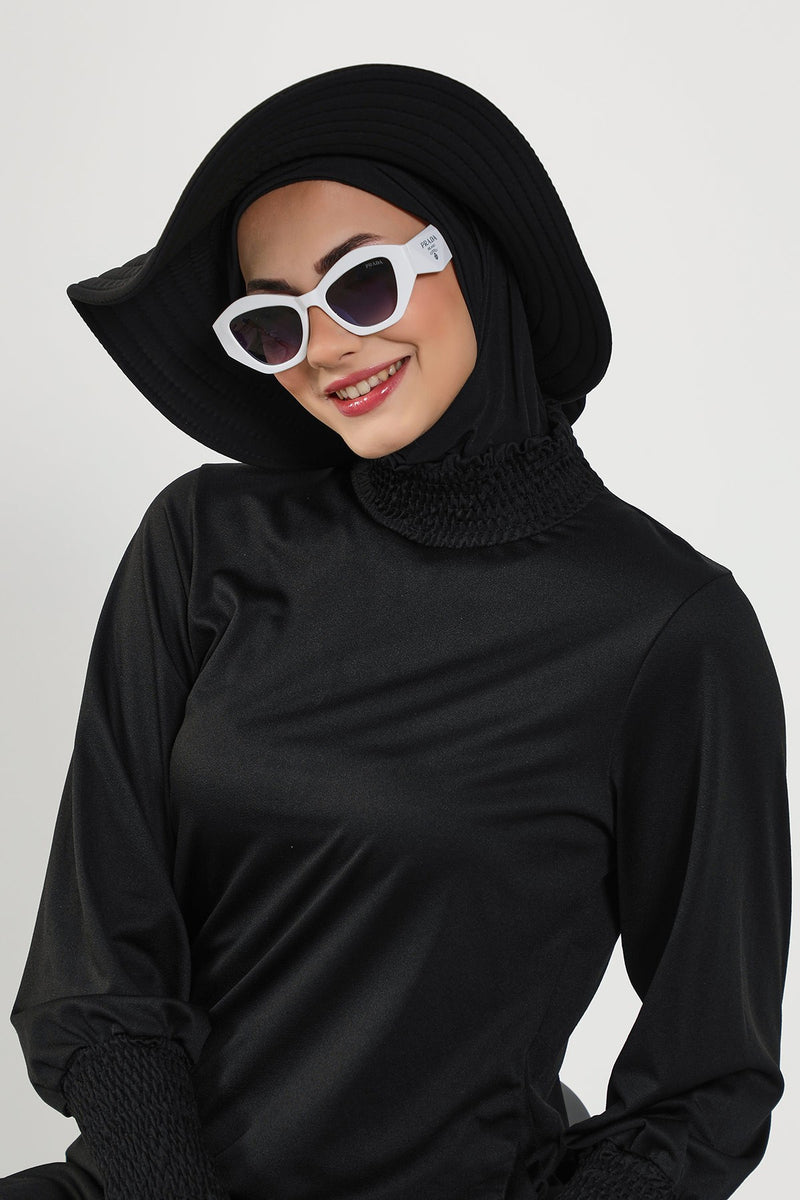 2-in-1 Modest Beach Turban Ninja Bonnet with Removable Brim, Quick Dry Sandy Fabric Ninja Cap with Bow Detail,S-5SN