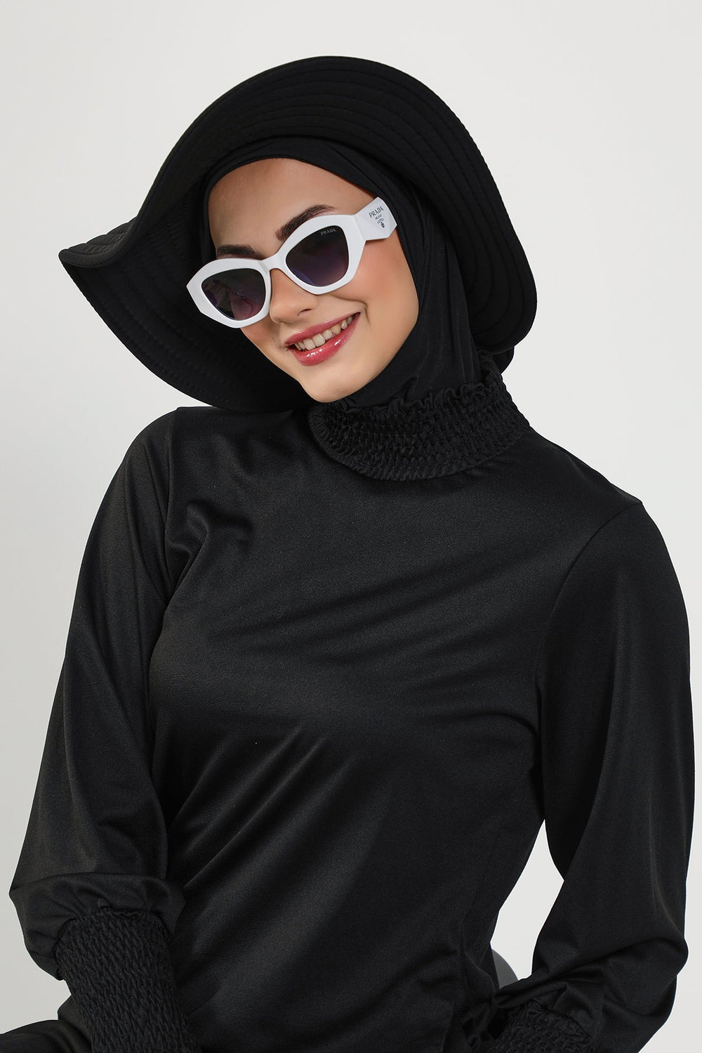 2-in-1 Modest Beach Turban Ninja Bonnet with Removable Brim, Quick Dry Sandy Fabric Ninja Cap with Bow Detail,S-5SN Black