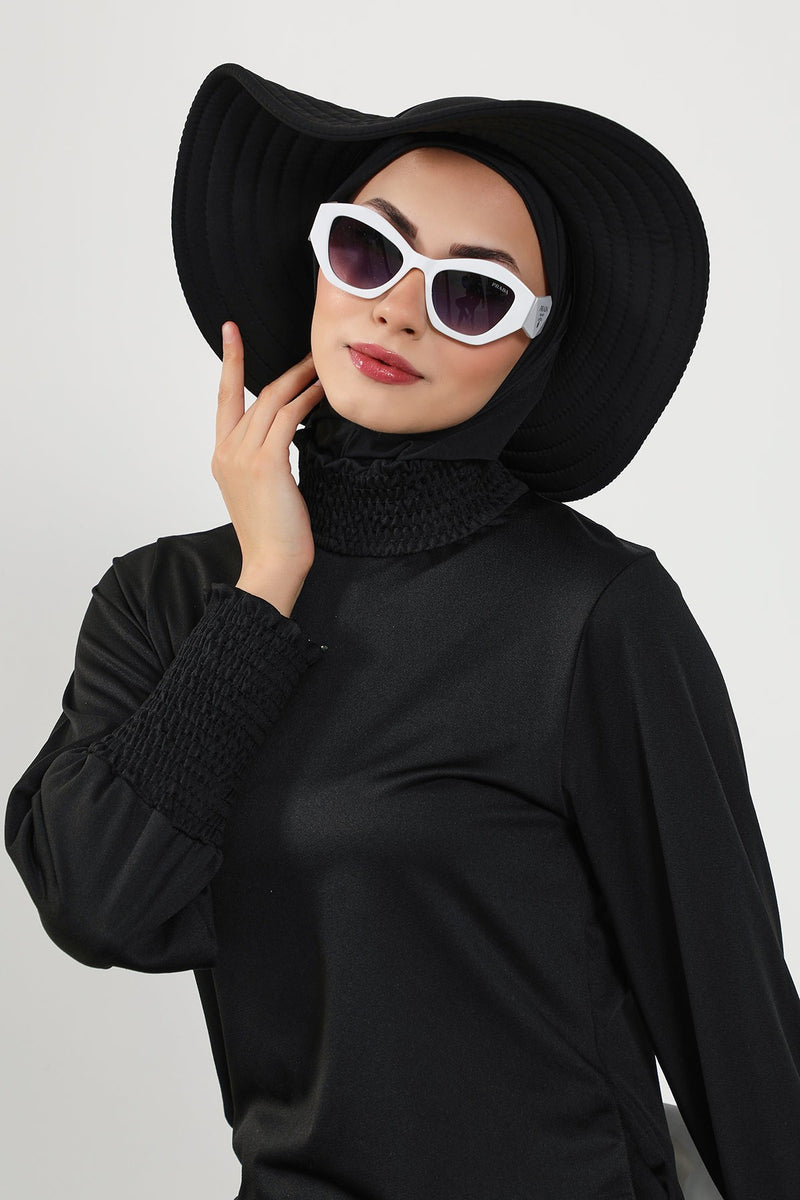 2-in-1 Modest Beach Turban Ninja Bonnet with Removable Brim, Quick Dry Sandy Fabric Ninja Cap with Bow Detail,S-5SN