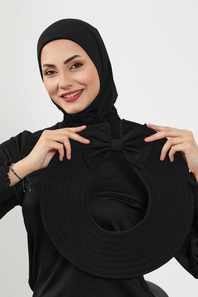 2-in-1 Modest Beach Turban Ninja Bonnet with Removable Brim, Quick Dry Sandy Fabric Ninja Cap with Bow Detail,S-5SN