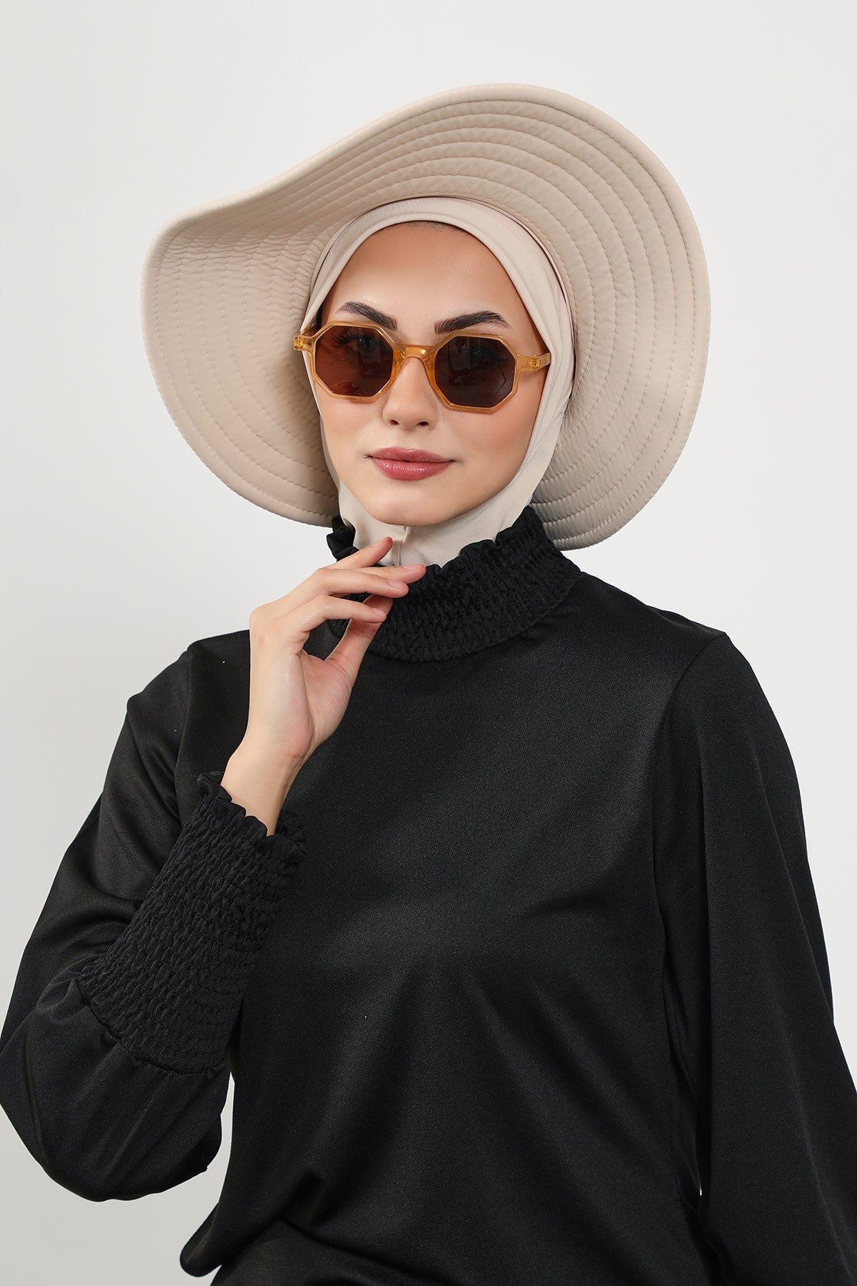 2-in-1 Modest Beach Turban Ninja Bonnet with Removable Brim, Quick Dry Sandy Fabric Ninja Cap with Bow Detail,S-5SN Beige