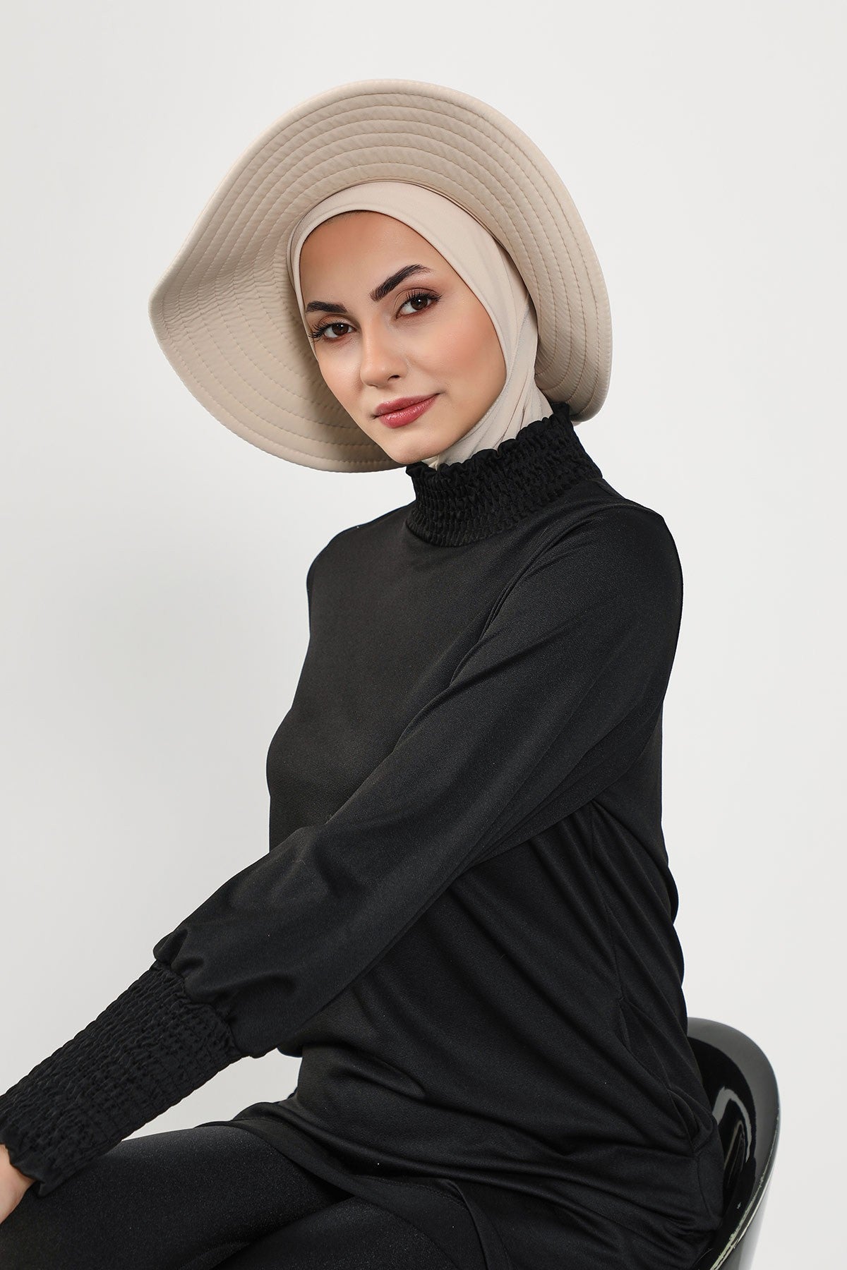 2-in-1 Modest Beach Turban Ninja Bonnet with Removable Brim, Quick Dry Sandy Fabric Ninja Cap with Bow Detail,S-5SN Beige