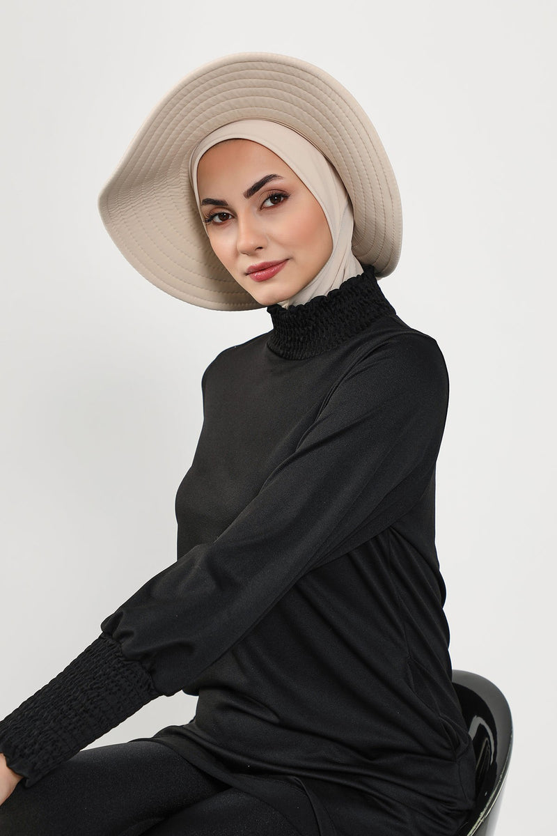 2-in-1 Modest Beach Turban Ninja Bonnet with Removable Brim, Quick Dry Sandy Fabric Ninja Cap with Bow Detail,S-5SN