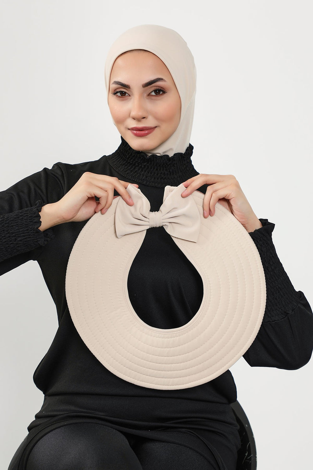 2-in-1 Modest Beach Turban Ninja Bonnet with Removable Brim, Quick Dry Sandy Fabric Ninja Cap with Bow Detail,S-5SN Beige
