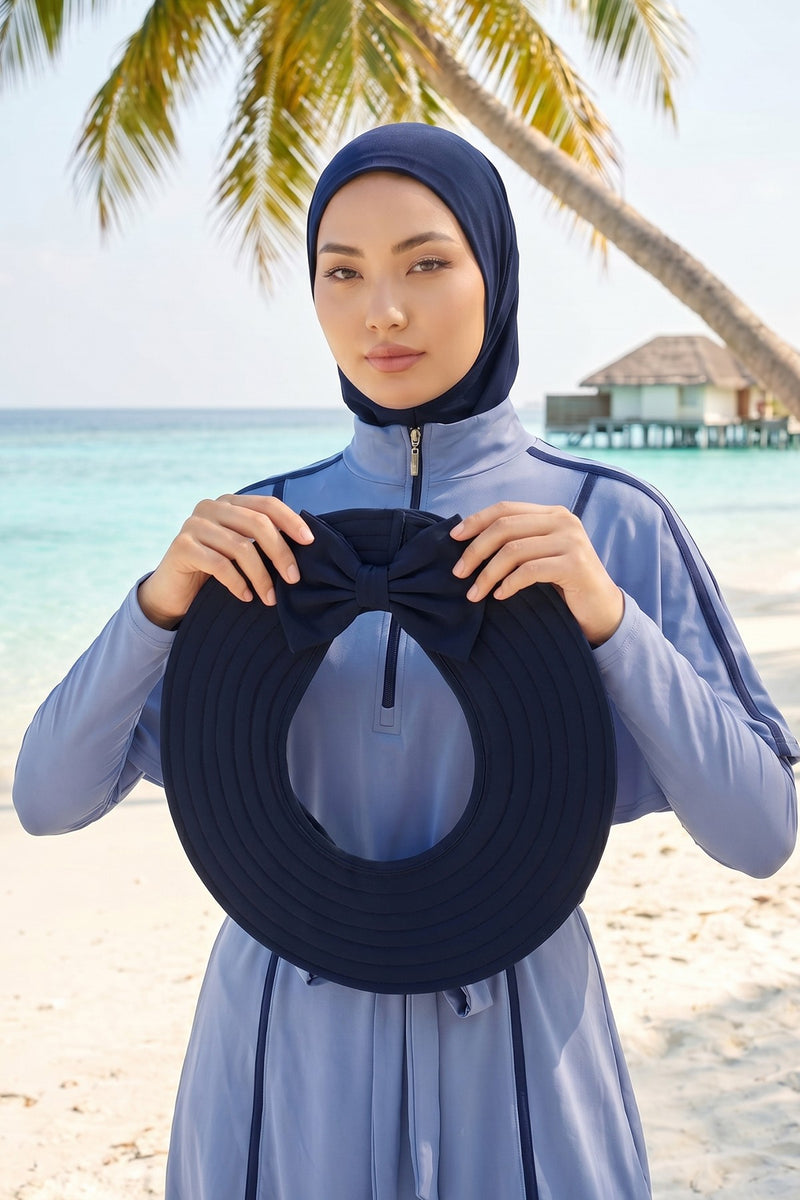 2-in-1 Modest Beach Turban Ninja Bonnet with Removable Brim, Quick Dry Sandy Fabric Ninja Cap with Bow Detail,S-5SN