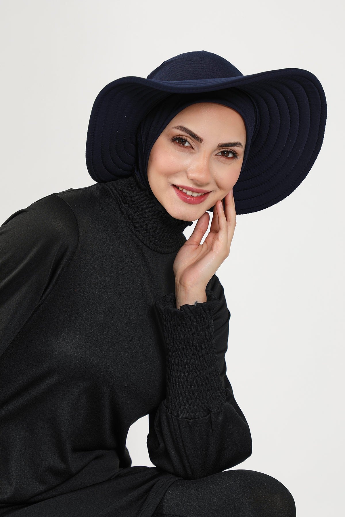 2-in-1 Modest Beach Turban Ninja Bonnet with Removable Brim, Quick Dry Sandy Fabric Ninja Cap with Bow Detail,S-5SN Navy Blue