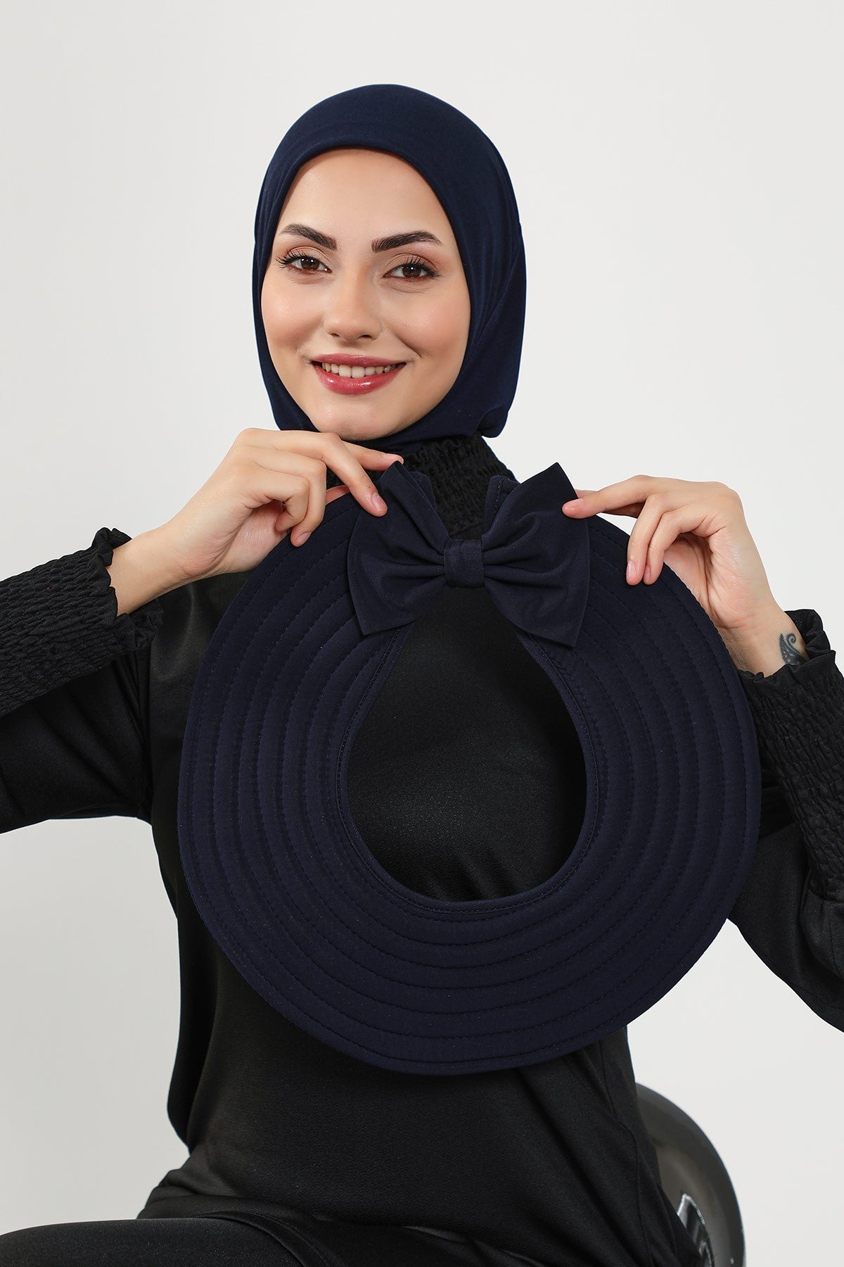 2-in-1 Modest Beach Turban Ninja Bonnet with Removable Brim, Quick Dry Sandy Fabric Ninja Cap with Bow Detail,S-5SN Navy Blue