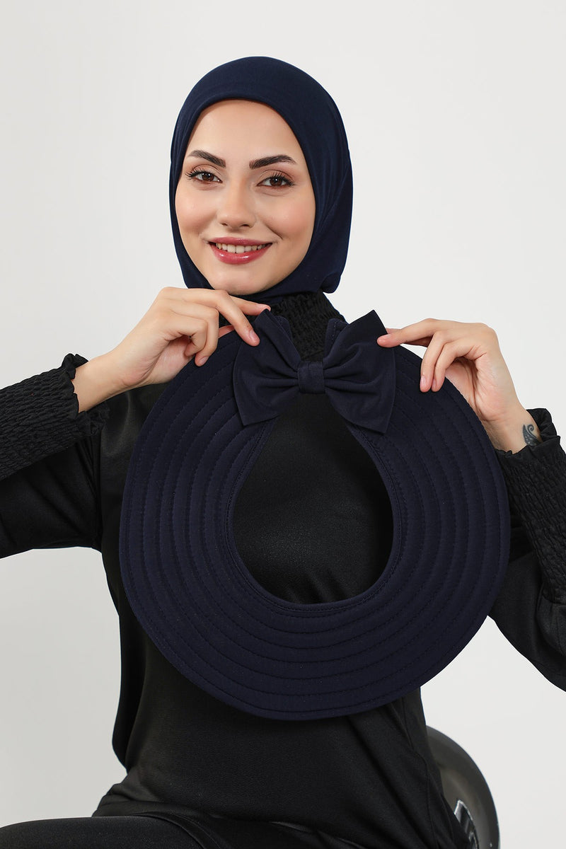 2-in-1 Modest Beach Turban Ninja Bonnet with Removable Brim, Quick Dry Sandy Fabric Ninja Cap with Bow Detail,S-5SN