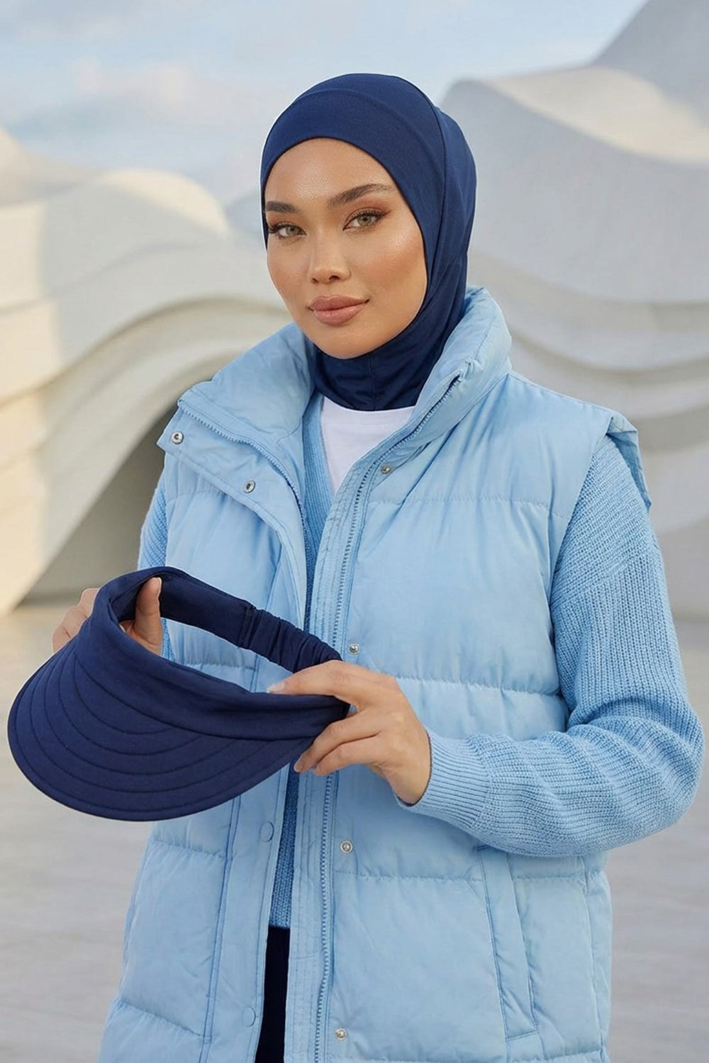 2 in 1 Modest Hijab Bonnet with Removable Visor, Instant Full Coverage Underscarf for Everyday Wear,B-82O Navy Blue