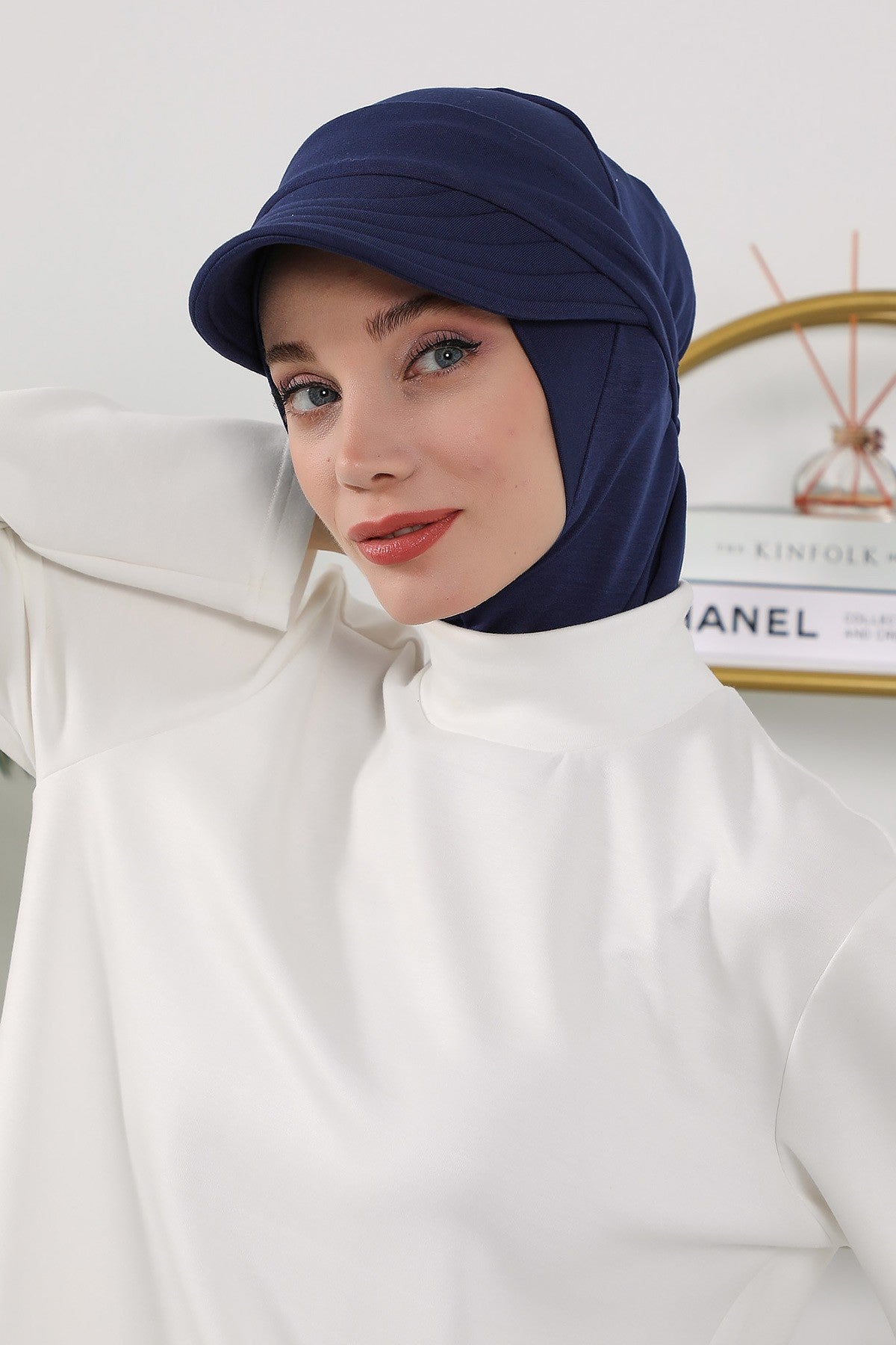 2 in 1 Modest Hijab Bonnet with Removable Visor, Instant Full Coverage Underscarf for Everyday Wear,B-82O Navy Blue