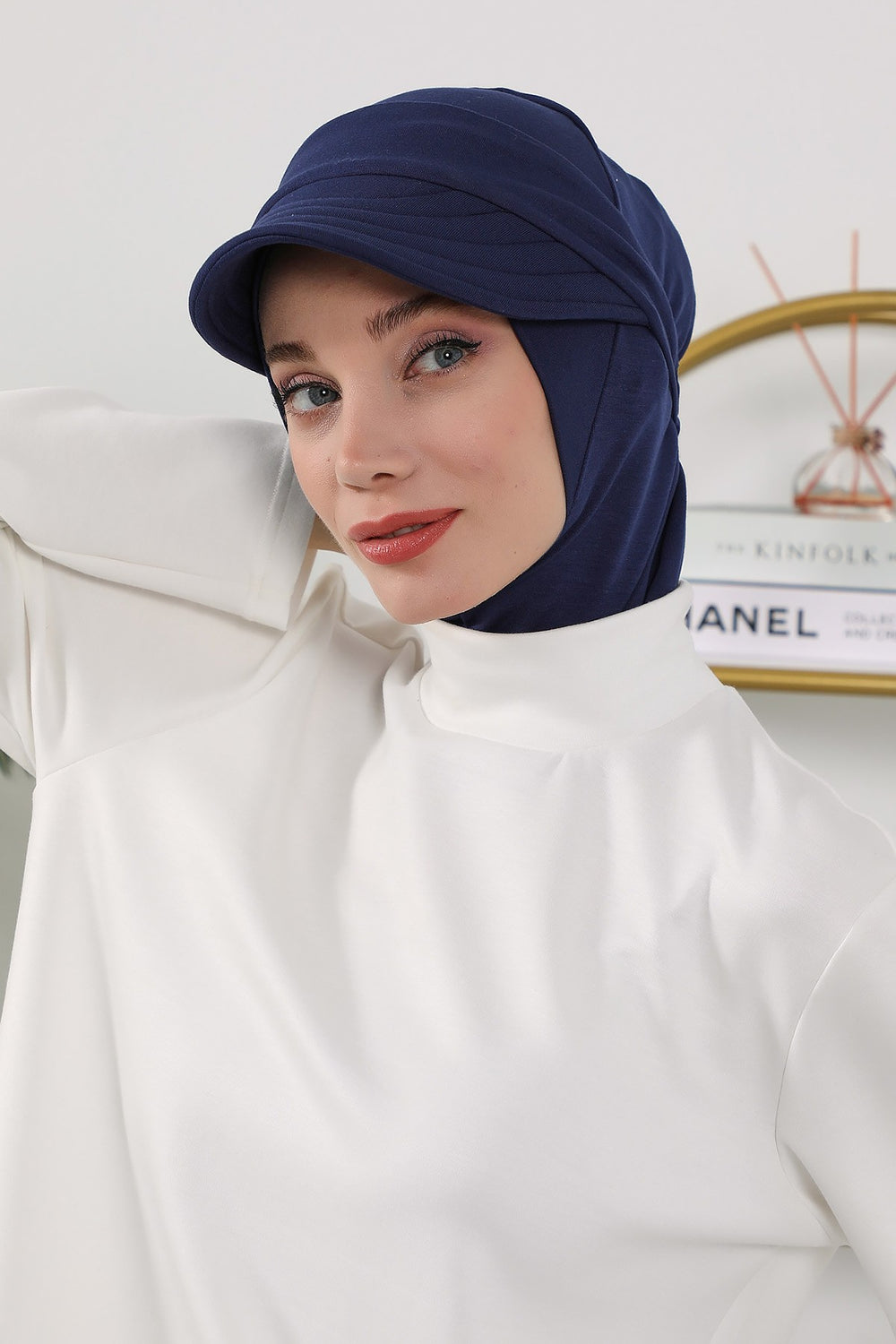 2 in 1 Modest Hijab Bonnet with Removable Visor, Instant Full Coverage Underscarf for Everyday Wear,B-82O Navy Blue