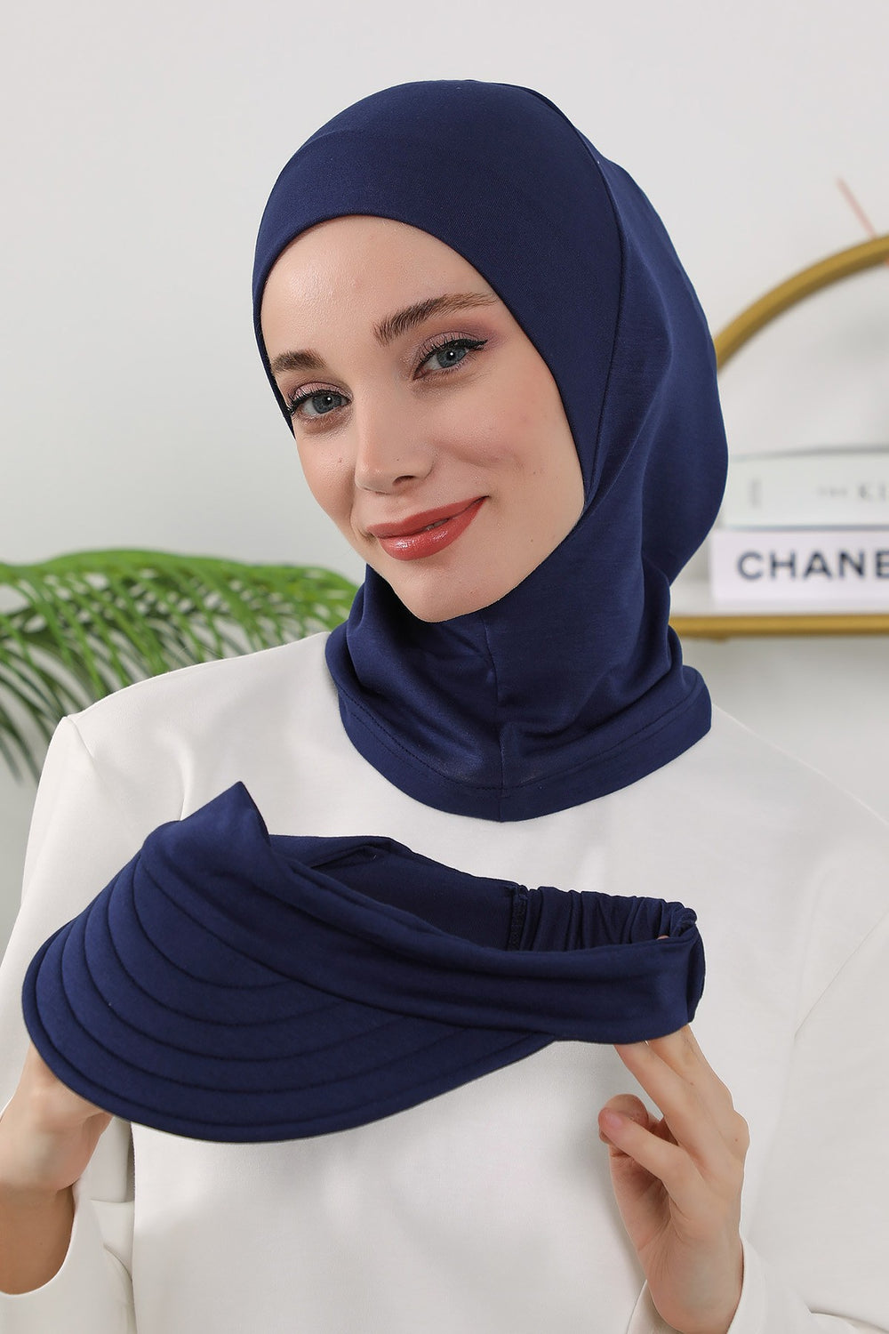 2 in 1 Modest Hijab Bonnet with Removable Visor, Instant Full Coverage Underscarf for Everyday Wear,B-82O Navy Blue