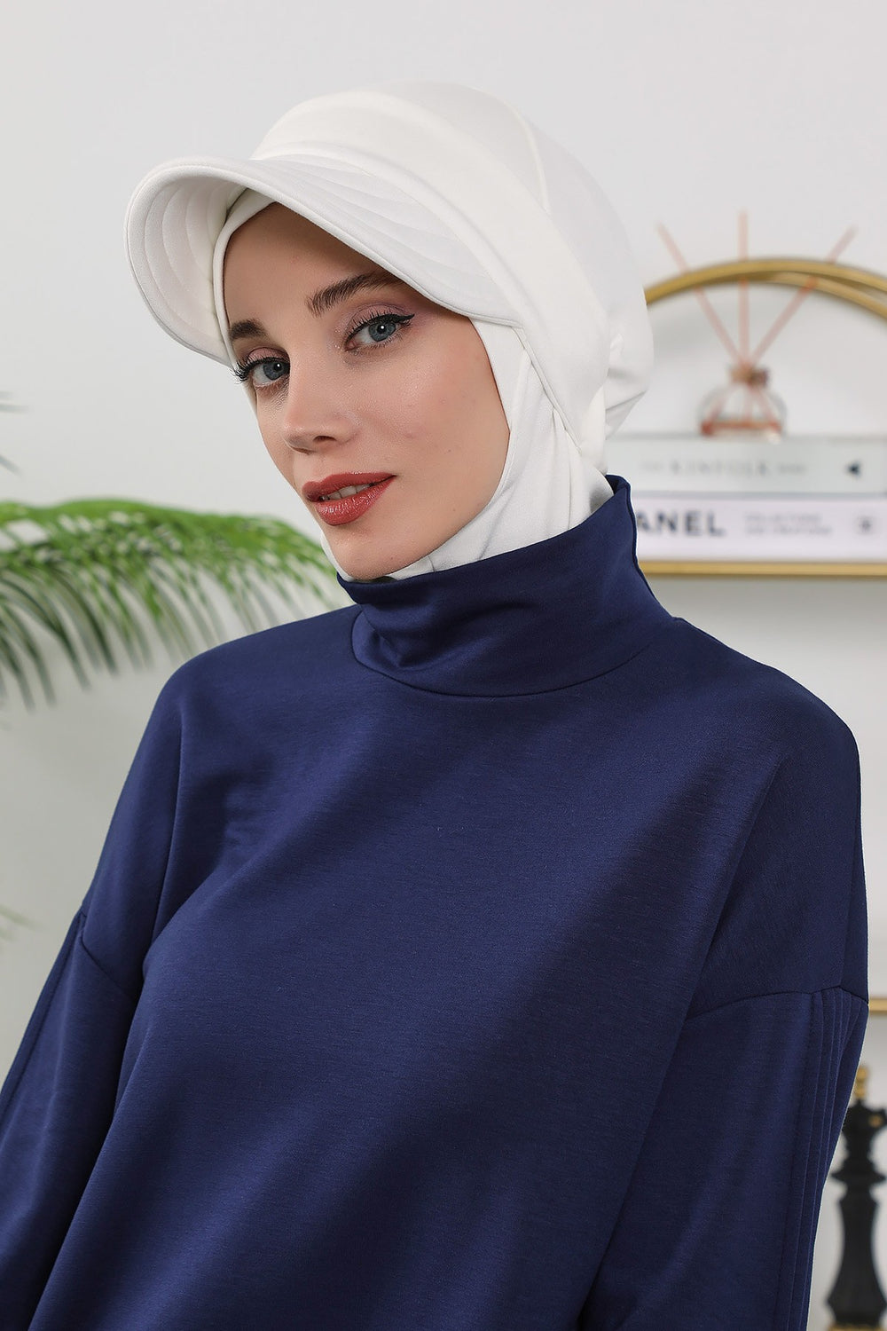 2 in 1 Modest Hijab Bonnet with Removable Visor, Instant Full Coverage Underscarf for Everyday Wear,B-82O Ecru