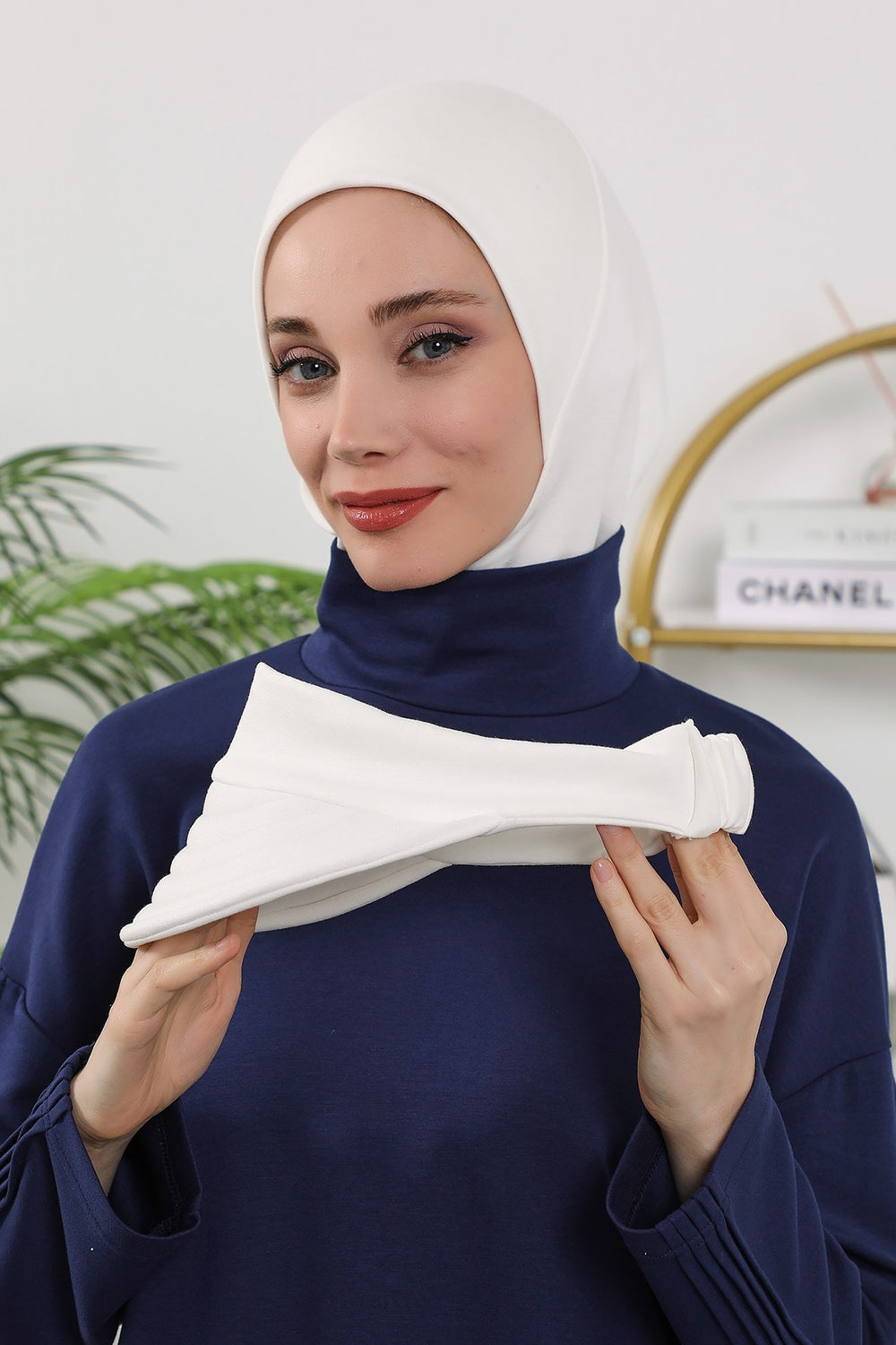 2 in 1 Modest Hijab Bonnet with Removable Visor, Instant Full Coverage Underscarf for Everyday Wear,B-82O Ecru