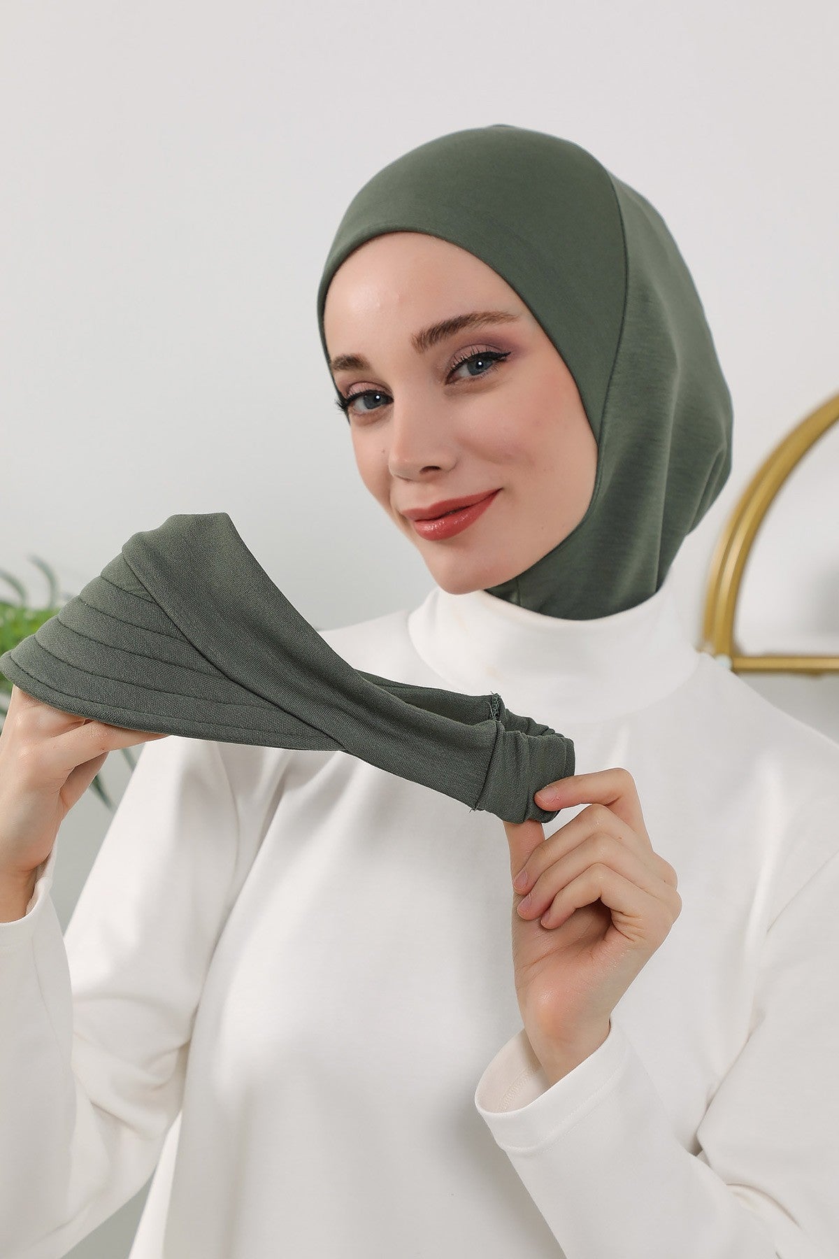 2 in 1 Modest Hijab Bonnet with Removable Visor, Instant Full Coverage Underscarf for Everyday Wear,B-82O Army Green