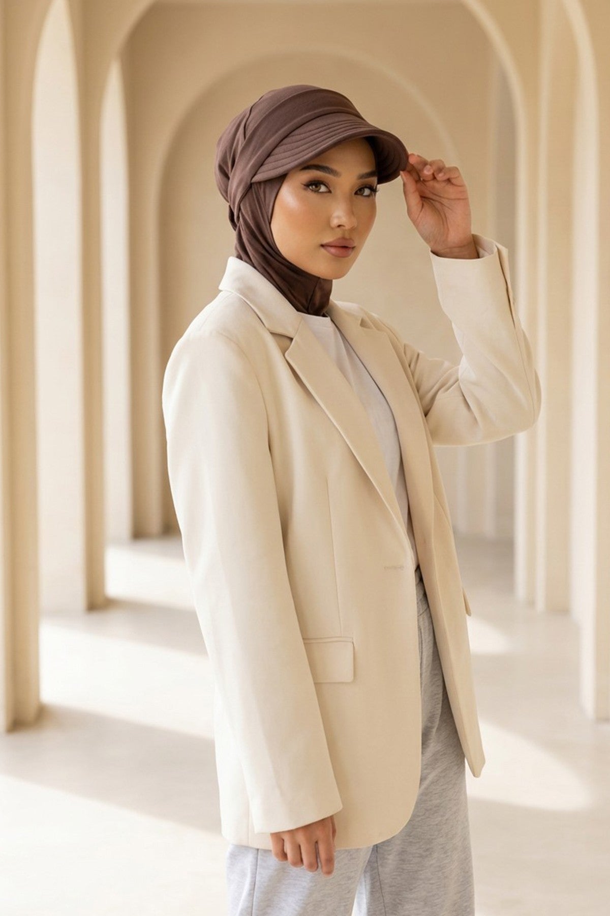 2 in 1 Modest Hijab Bonnet with Removable Visor, Instant Full Coverage Underscarf for Everyday Wear,B-82O Brown