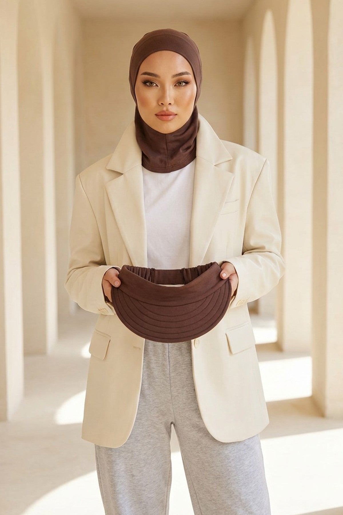 2 in 1 Modest Hijab Bonnet with Removable Visor, Instant Full Coverage Underscarf for Everyday Wear,B-82O Brown