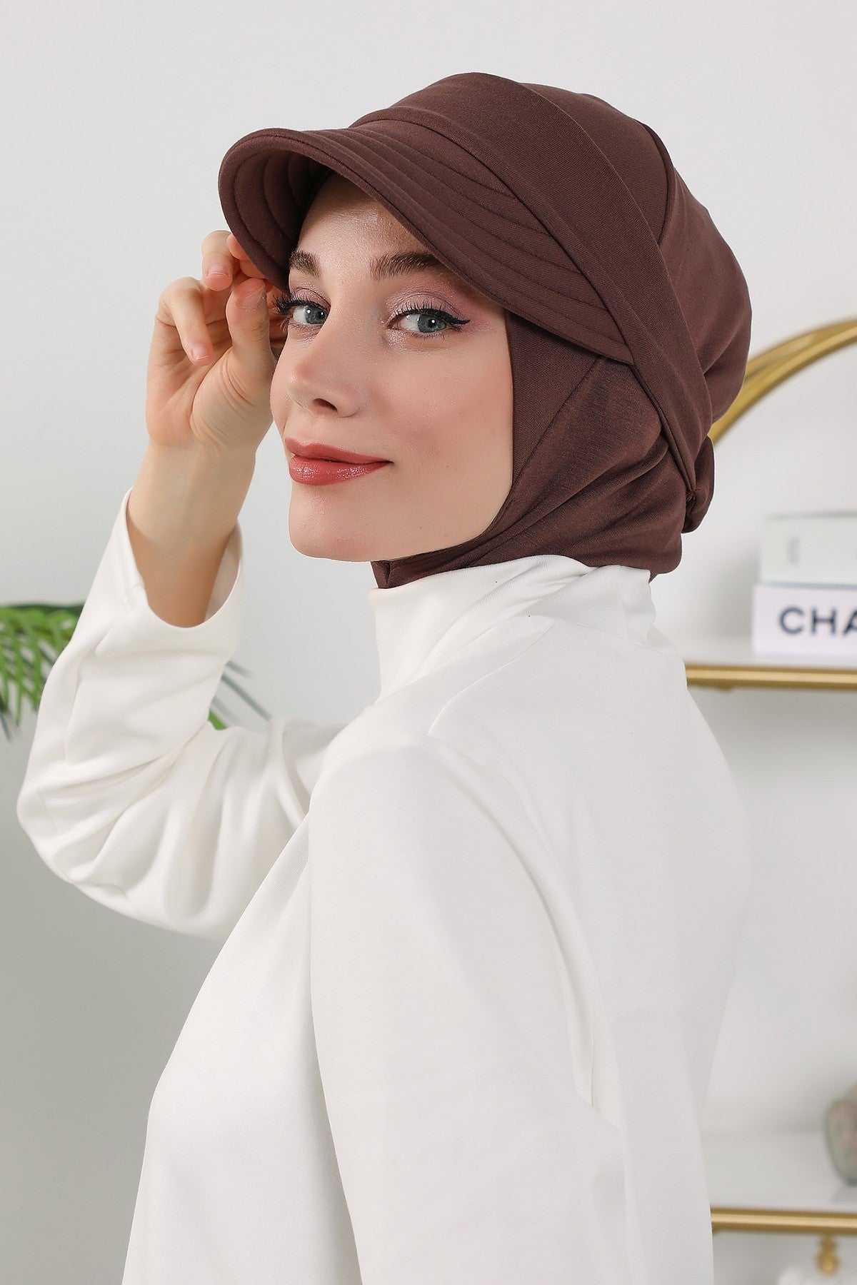2 in 1 Modest Hijab Bonnet with Removable Visor, Instant Full Coverage Underscarf for Everyday Wear,B-82O Brown