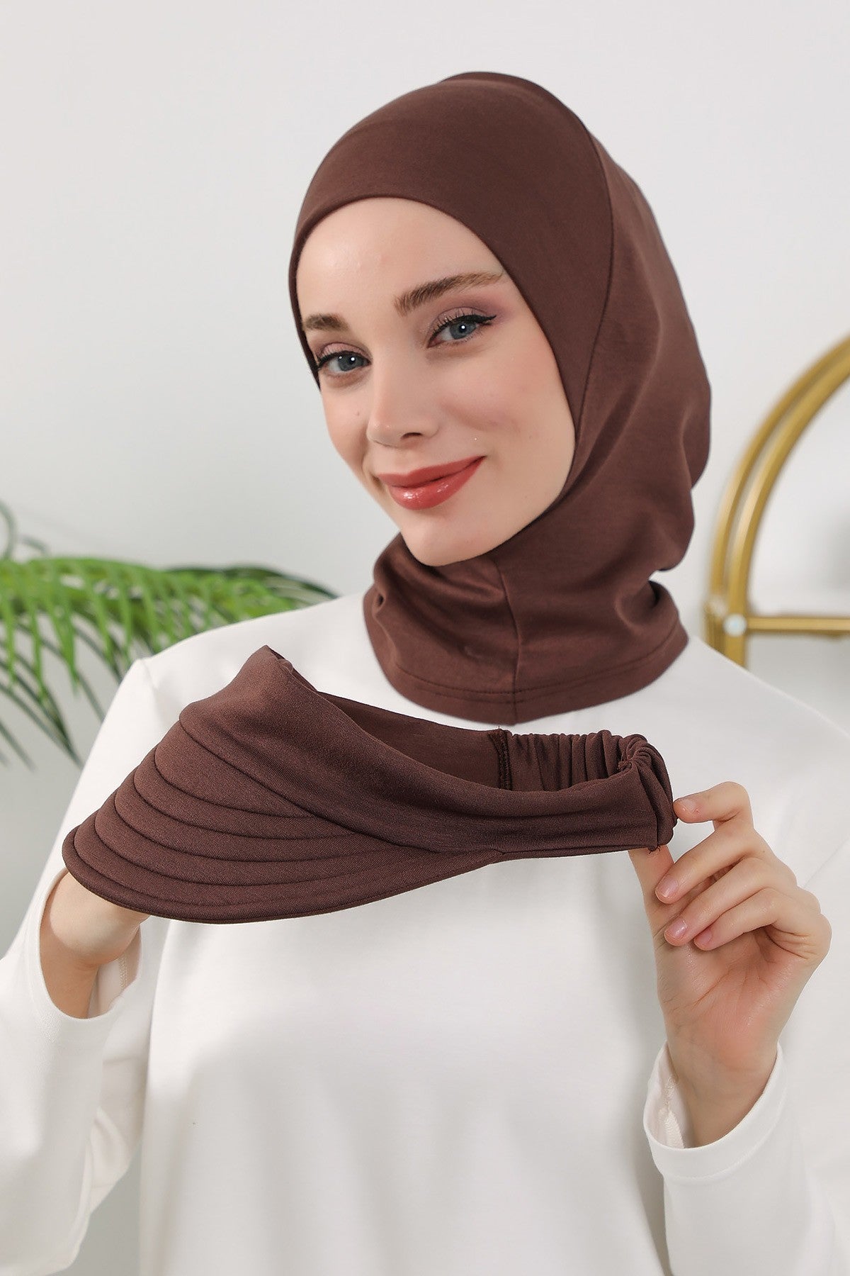 2 in 1 Modest Hijab Bonnet with Removable Visor, Instant Full Coverage Underscarf for Everyday Wear,B-82O Brown
