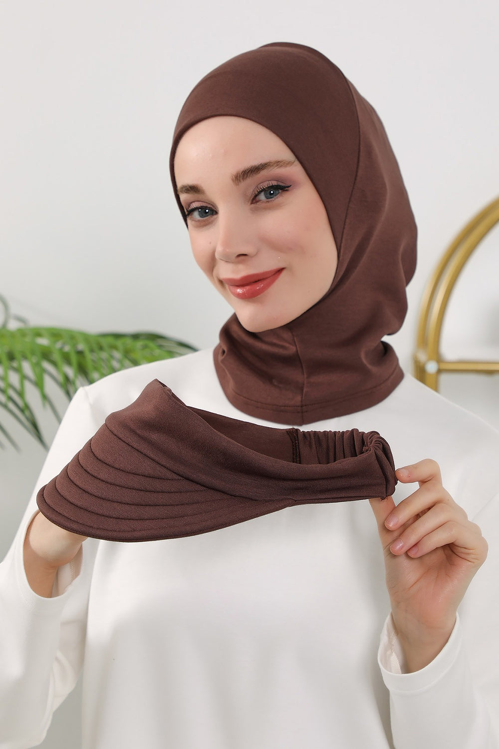 2 in 1 Modest Hijab Bonnet with Removable Visor, Instant Full Coverage Underscarf for Everyday Wear,B-82O Brown