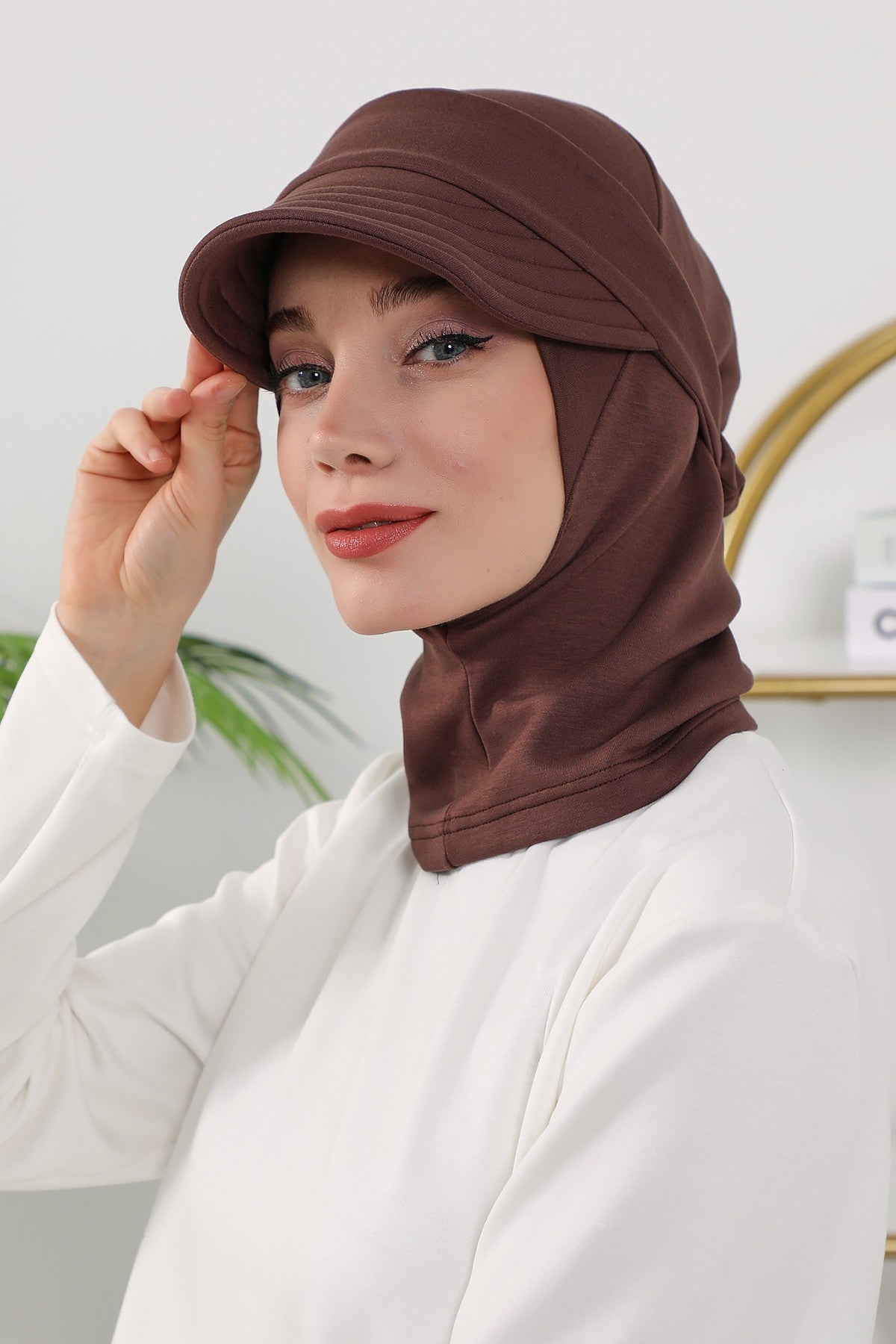 2 in 1 Modest Hijab Bonnet with Removable Visor, Instant Full Coverage Underscarf for Everyday Wear,B-82O Brown