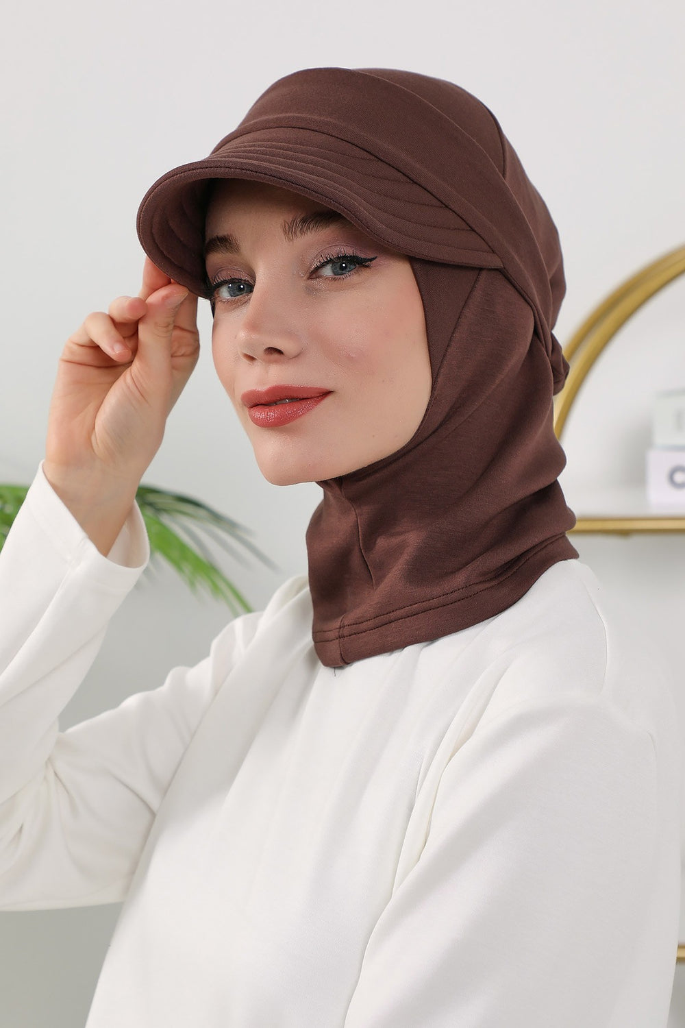 2 in 1 Modest Hijab Bonnet with Removable Visor, Instant Full Coverage Underscarf for Everyday Wear,B-82O Brown